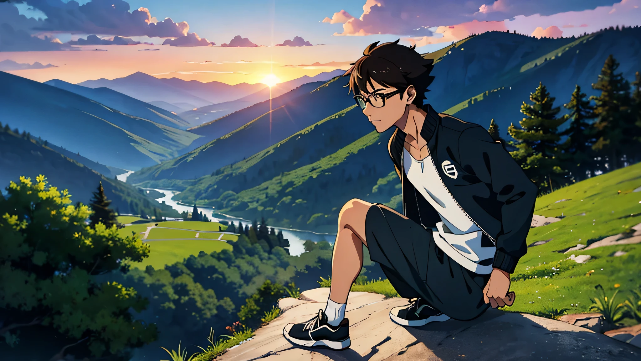 Makoto Shinkai anime style, 1 man , single man, 30 years old, tanned skin tone, wearing glasses, spiky hair, dark brown eyes, wearing a fitted black and white varsity jacket, blue joggers, black color sports shoes, climbing a small mountain with greenery , looking at the sunset in the background,