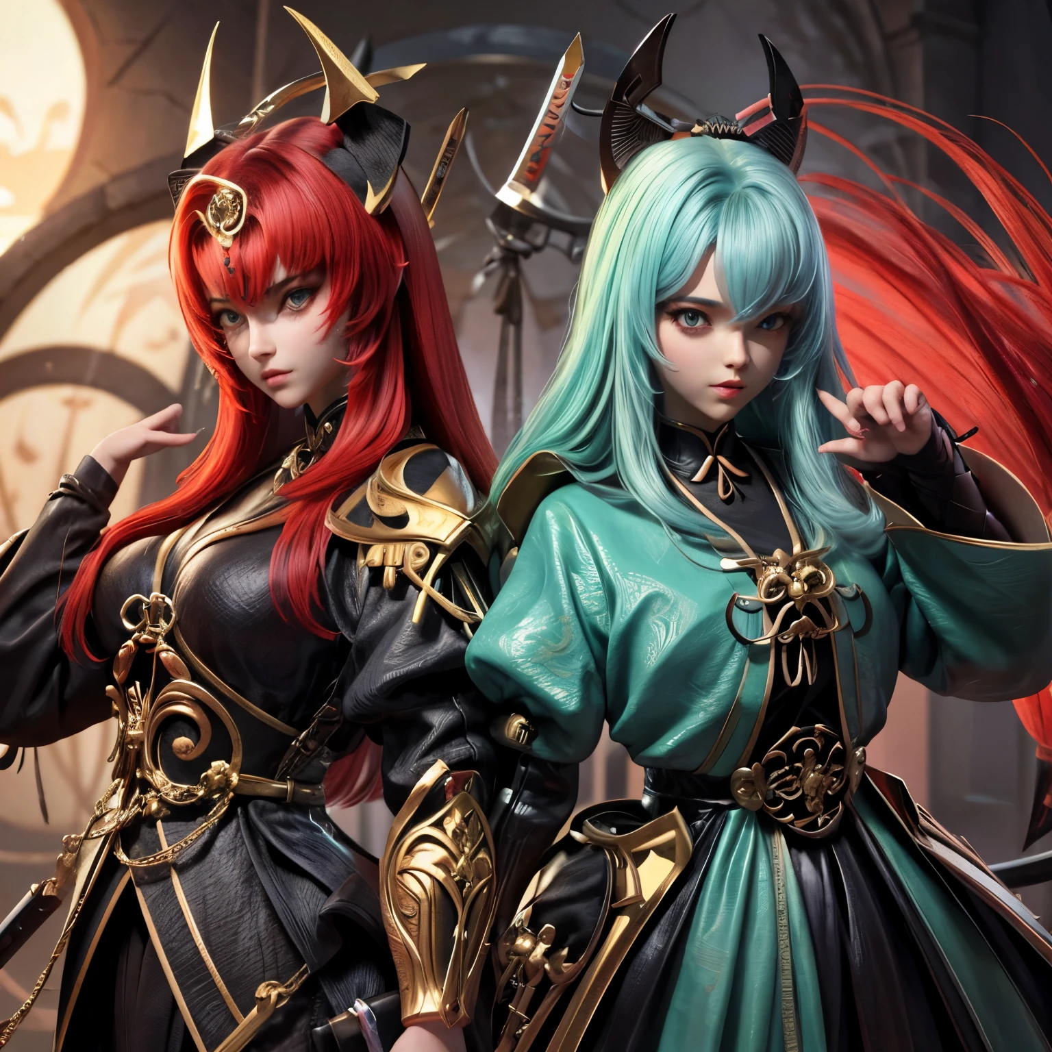 Criar uma personagem tenha cabelos pretos com mechas vermelhas,olhos de cores diferentes,duas katanas nas costas