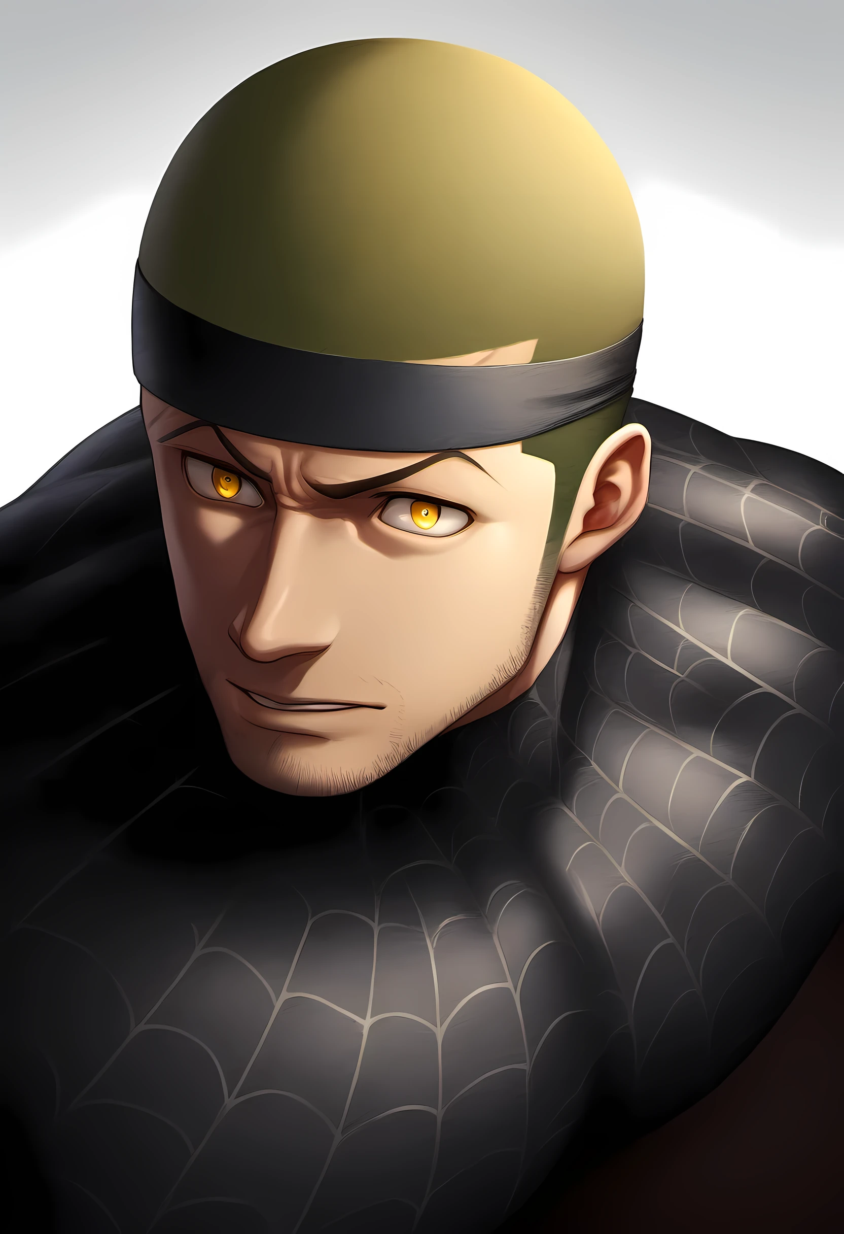 anime characters:Priapus in Spider-Man tights, black sports headband, 1个年轻的muscular man, male focus, buzz clip, black spiderman pantyhose, Spider-Man logo, muscular man, extra large breasts, only, Upper body, alone, short yellow hair, stubble, yellow eyes, White background, Simple background, amazing quality, best aesthetics, ridiculous, bright pupils, short hair, naughty face, torogao, open lips, best quality