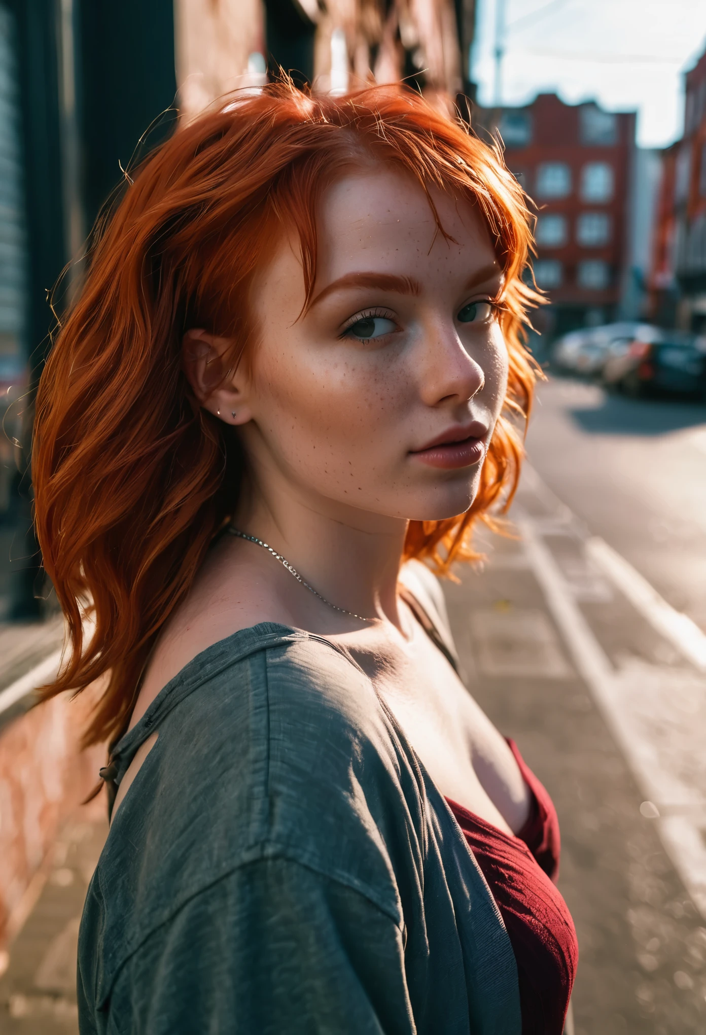 /imagine prompt: Redhead angel girl influencer captured in photography through a 35mm lens, evoking the raw authenticity of street photography. The scene portrays the angelic figure standing against a gritty urban backdrop, her vibrant red hair contrasting against the monotone surroundings. Her expression exudes a mix of innocence and wisdom, with a slight smirk playing on her lips. The color temperature leans towards cool tones, enhancing the urban atmosphere. --v 5 --stylize 1000

