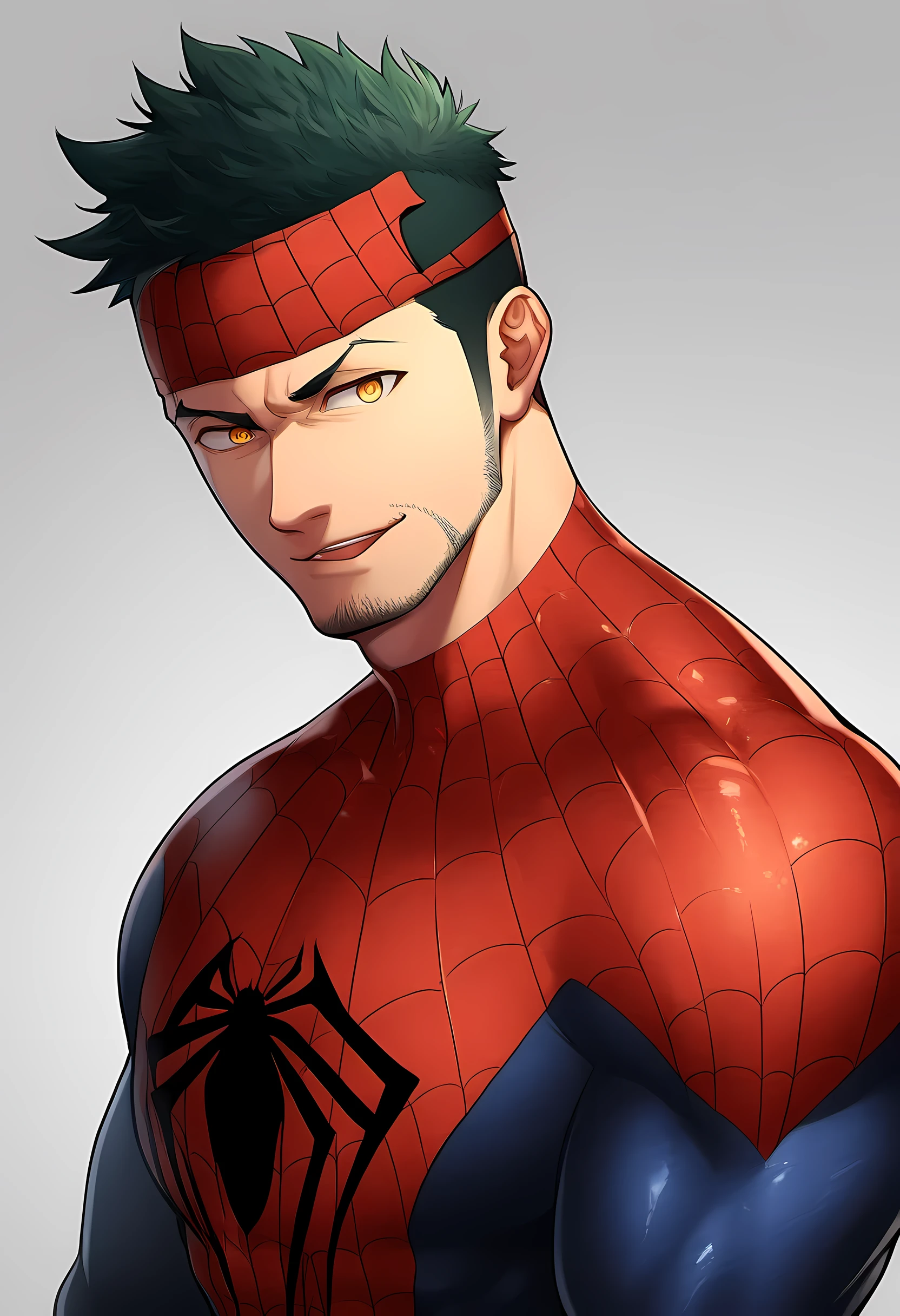 anime characters:Priapus in Spider-Man tights, black sports headband, 1个年轻的muscular man, male focus, buzz clip, black spiderman pantyhose, Spider-Man logo, muscular man, extra large breasts, only, Upper body, alone, short yellow hair, stubble, yellow eyes, White background, Simple background, amazing quality, best aesthetics, ridiculous, bright pupils, short hair, naughty face, torogao, open lips, best quality