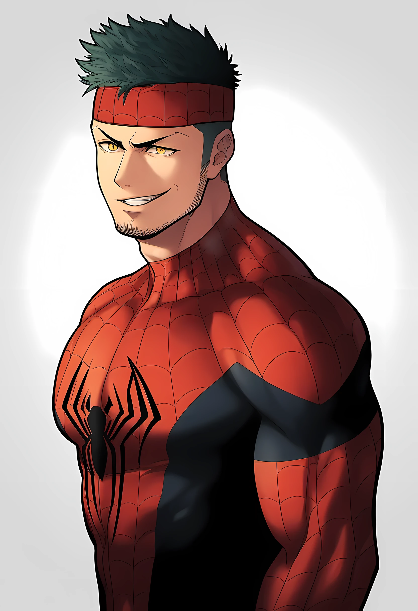 anime characters:Priapus in Spider-Man tights, black sports headband, 1个年轻的muscular man, male focus, buzz clip, black spiderman pantyhose, Spider-Man logo, muscular man, extra large breasts, only, Upper body, alone, short yellow hair, stubble, yellow eyes, White background, Simple background, amazing quality, best aesthetics, ridiculous, bright pupils, short hair, naughty face, torogao, open lips, best quality