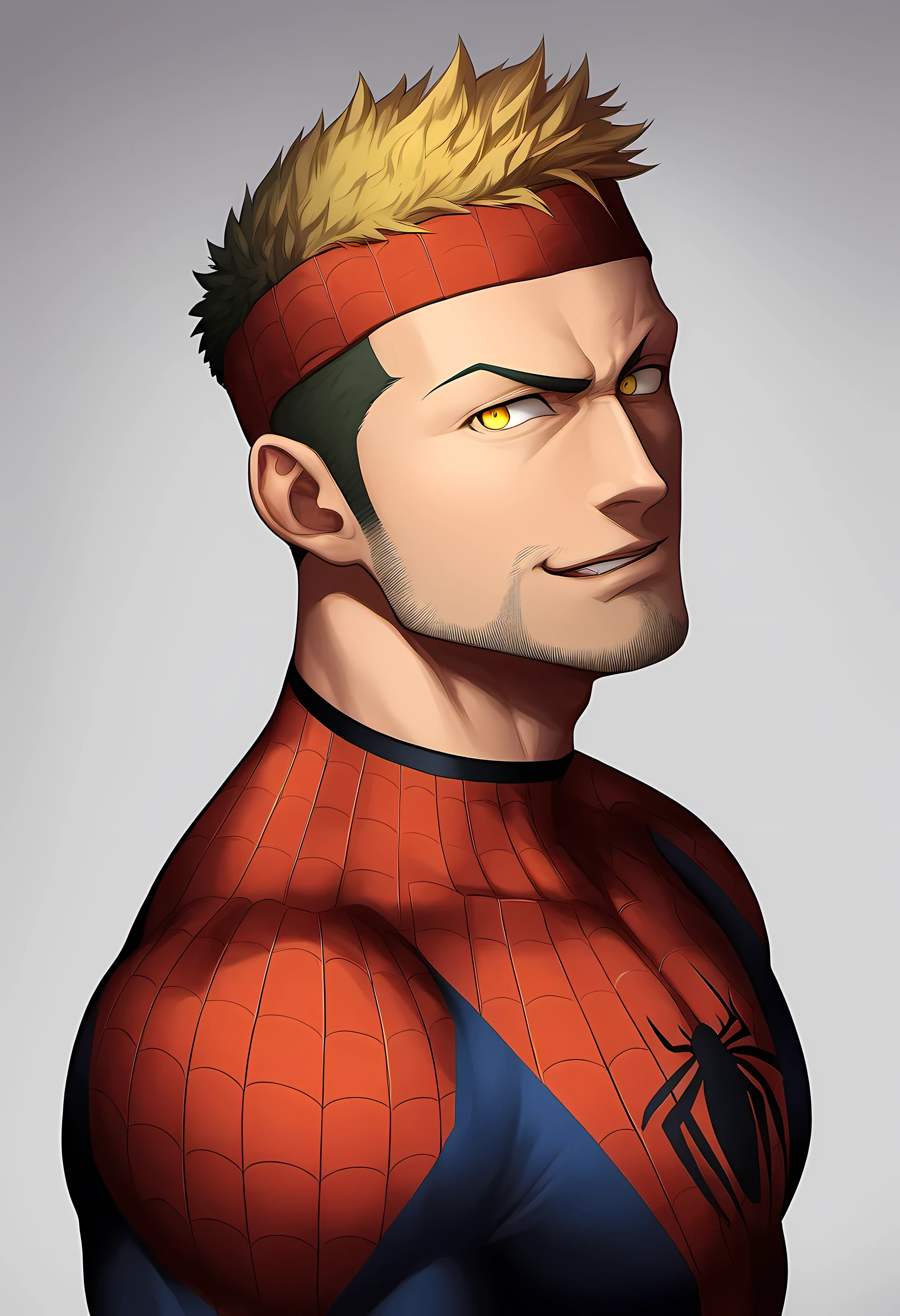 anime characters:Priapus in Spider-Man tights, black sports headband, 1个年轻的muscular man, male focus, buzz clip, black spiderman pantyhose, Spider-Man logo, muscular man, extra large breasts, only, Upper body, alone, short yellow hair, stubble, yellow eyes, White background, Simple background, amazing quality, best aesthetics, ridiculous, bright pupils, short hair, naughty face, torogao, open lips, best quality