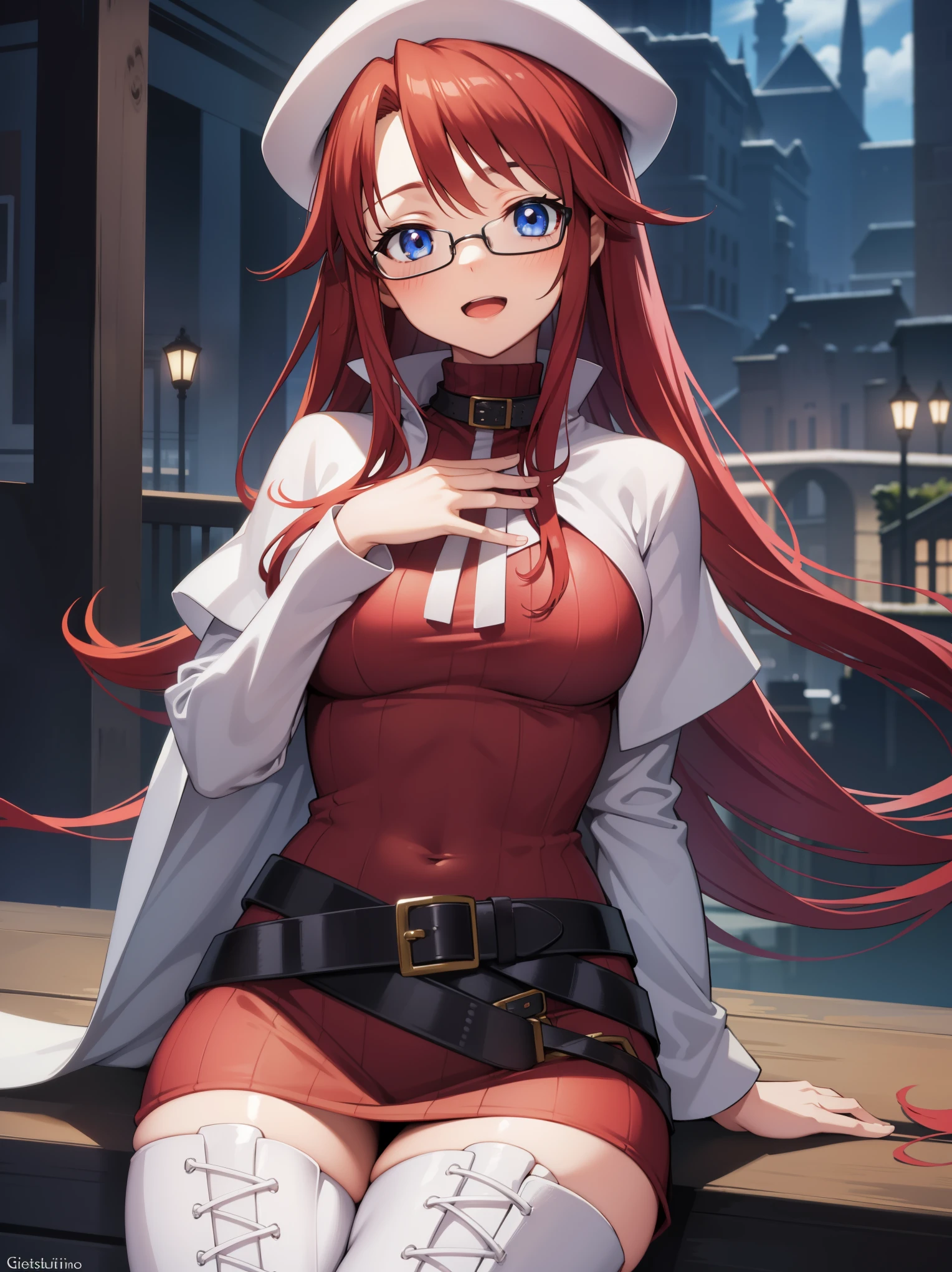 summonnightaty, aty, long hair, blue eyes, red hair, beret, hat, glasses,
BREAK long hair, thighhighs, hat, dress, boots, glasses, belt, cape, sweater, zettai ryouiki, beret, thigh boots, white footwear, ribbed sweater, loose belt,solo,
BREAK outdoors, fantasy_town,
BREAK (masterpiece:1.2), best quality, high resolution, unity 8k wallpaper, (illustration:0.8), (beautiful detailed eyes:1.6), extremely detailed face, perfect lighting, extremely detailed CG, (perfect hands, perfect anatomy),covered_nipples,covered_navel,light_smile ,walking,(half_eyes:1.2),light_open_mouth,sword,armpit,sleepy,sitting_on_the_barrel,barrel,red_sweater,