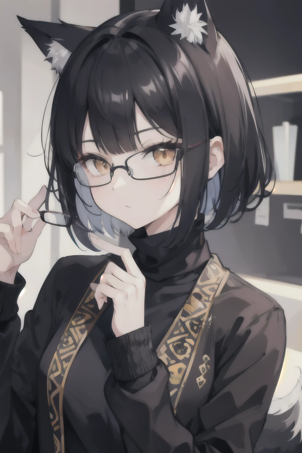Wolf cut style hair black color, girl, glasses, batik cardigan, black turtleneck shirt