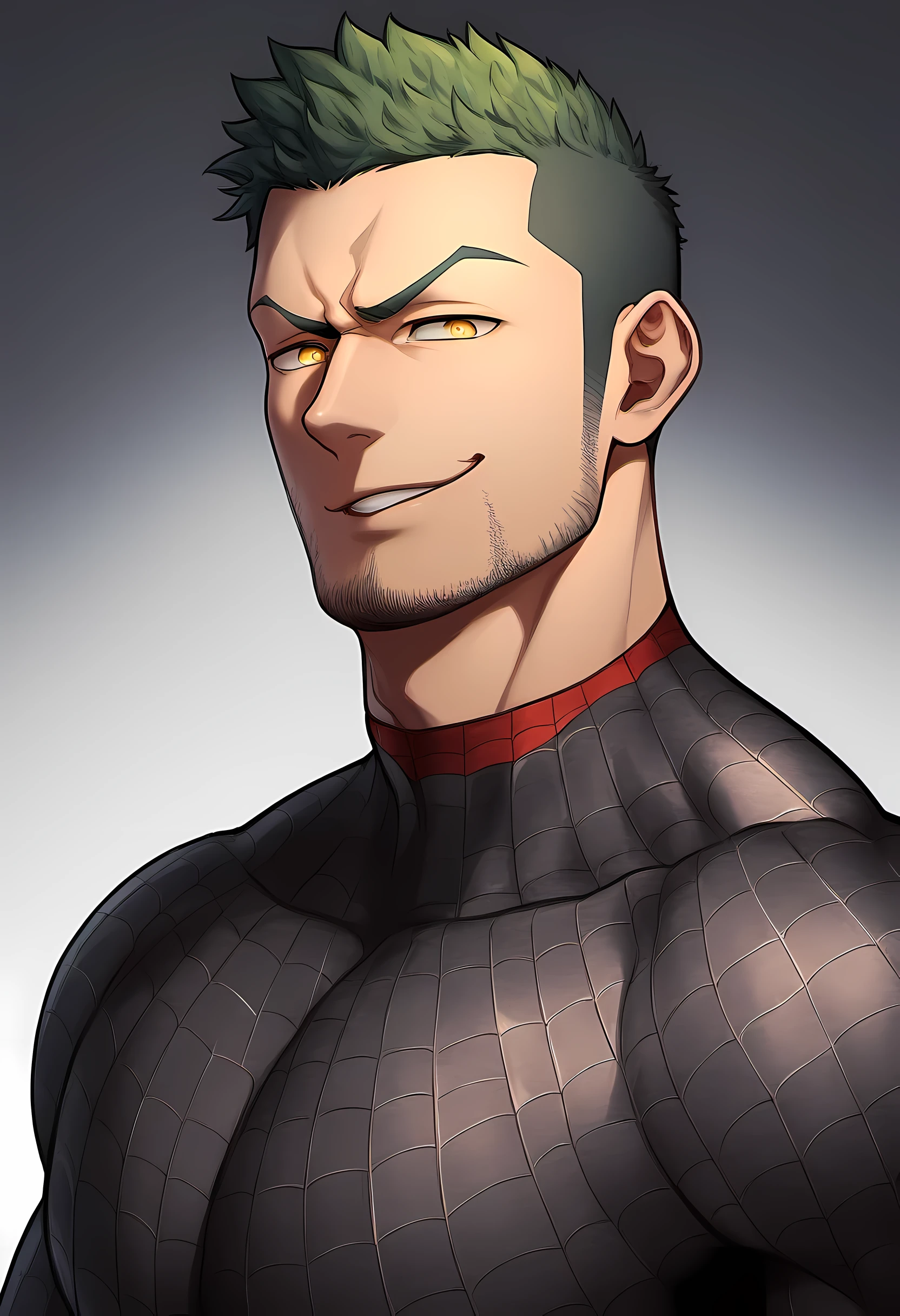 anime characters:Priapus in Spider-Man tights, black sports headband, 1个年轻的muscular man, male focus, buzz clip, black spiderman pantyhose, Spider-Man logo, muscular man, extra large breasts, only, Upper body, alone, short yellow hair, stubble, yellow eyes, White background, Simple background, amazing quality, best aesthetics, ridiculous, bright pupils, short hair, naughty face, torogao, open lips, best quality