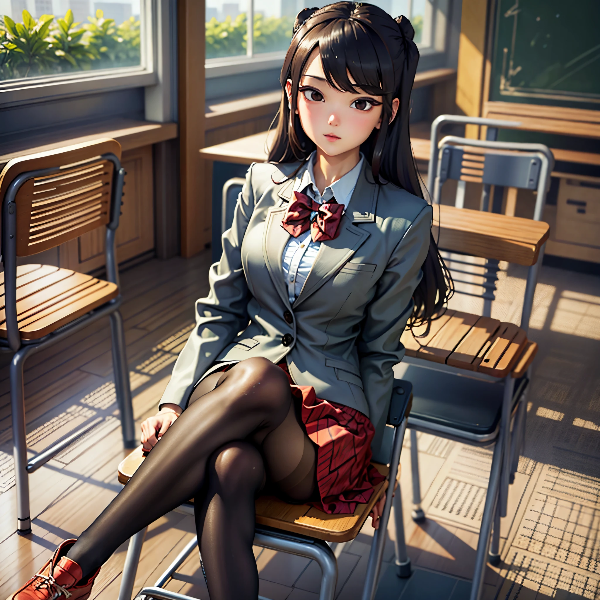 komiShouko, masterpiece, best quality, absurdres, 1girl, looking at viewer, v arms, pantyhose, classroom, school uniform, red skirt, red bow, blazer, window, sitting, chair, crowd,crossing legs,medium thighs.