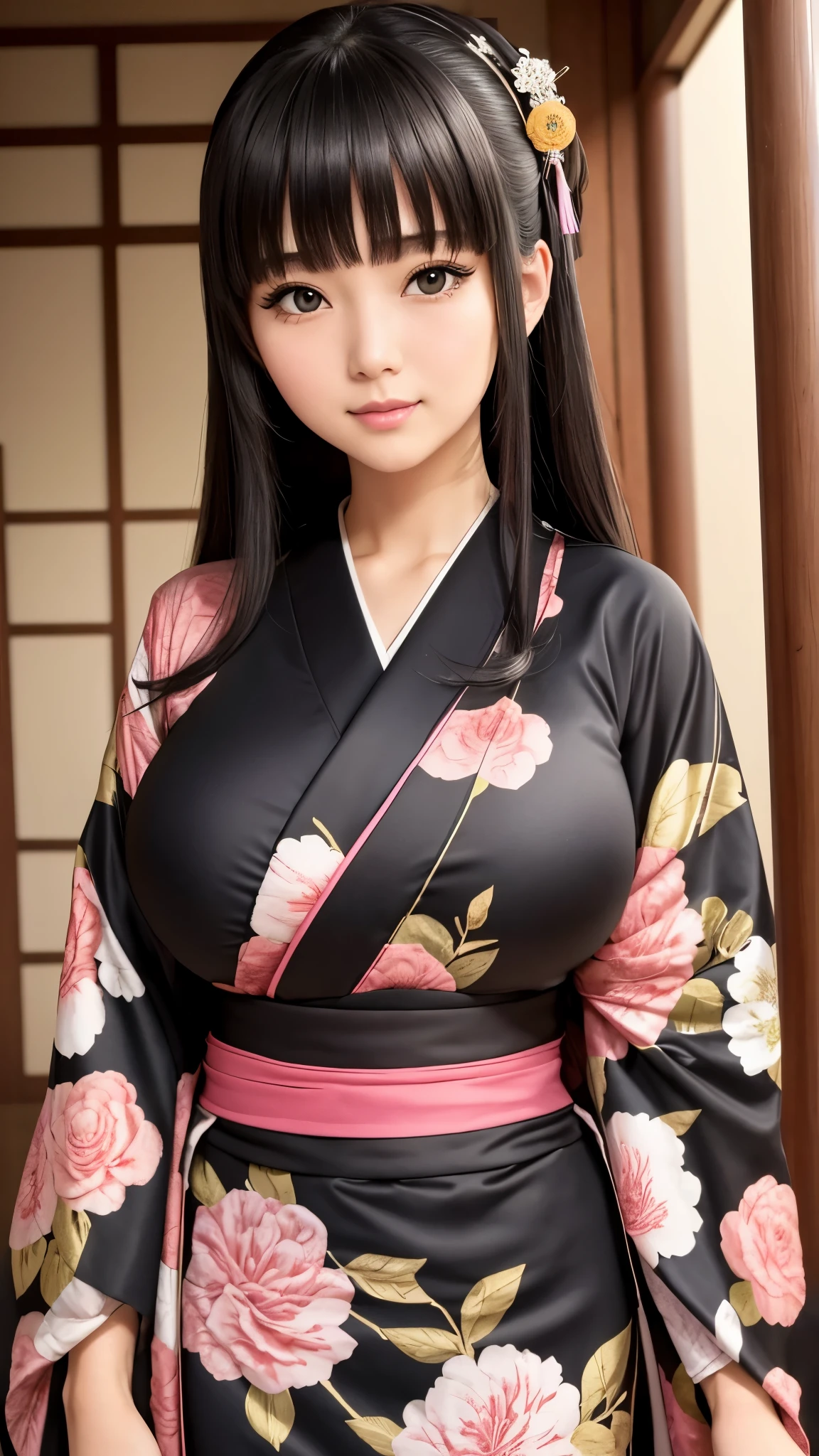 ((best quality)), ((muste piece)), (detailed face), (highlight), princess、Big breasts、blunt bangs、black hair、beautiful japanese kimono、