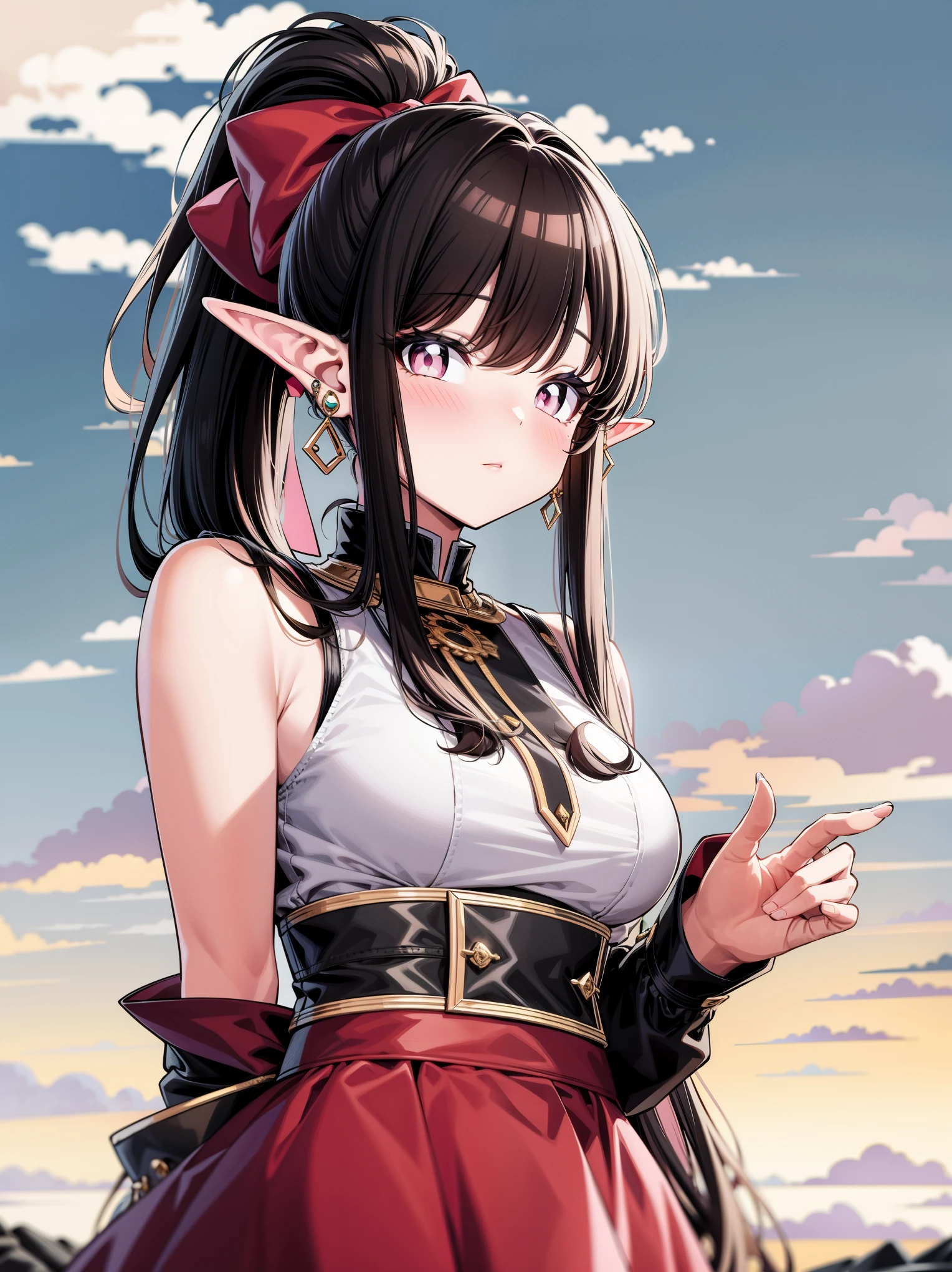 (masterpiece), (best quality), (perfect anatomy), Fair skin, Elf girl, pink eyes, black hair in a hime hairstyle, ponytail, pink bow, gold earrings, fantasy scenery