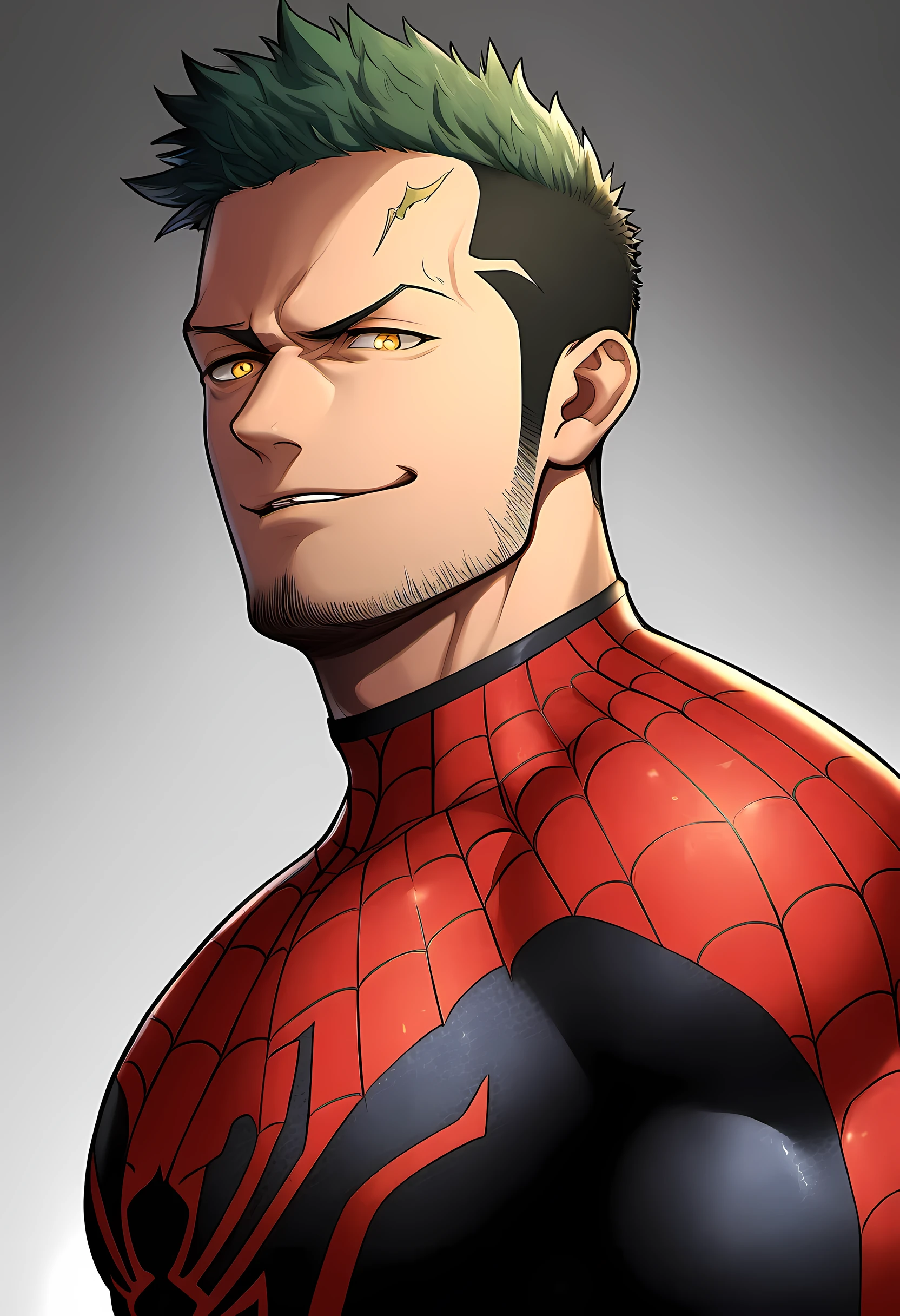 anime characters：Priapus in Spider-Man tights, black sports headband, 1个年轻的muscular man, male focus, buzz clip, black spiderman pantyhose, Spider-Man logo, muscular man, extra large breasts, only, Upper body, alone, short yellow hair, stubble, yellow eyes, White background, Simple background, amazing quality, best aesthetics, ridiculous, bright pupils, short hair, naughty face, torogao, open lips, best quality