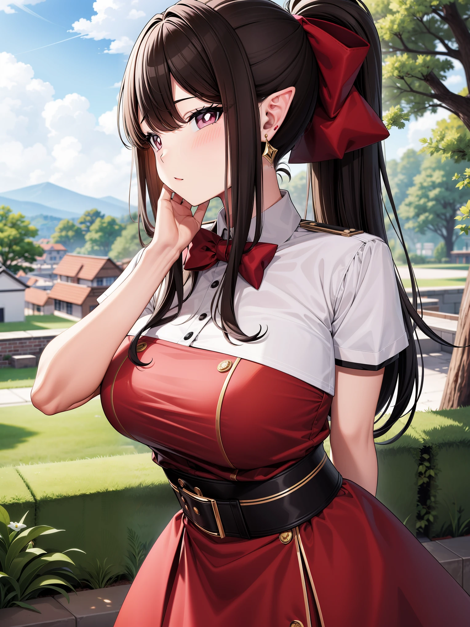 (masterpiece), (best quality), (perfect anatomy), Fair skin, Elf girl, pink eyes, black hair in a hime hairstyle, ponytail, pink bow, gold earrings, fantasy scenery