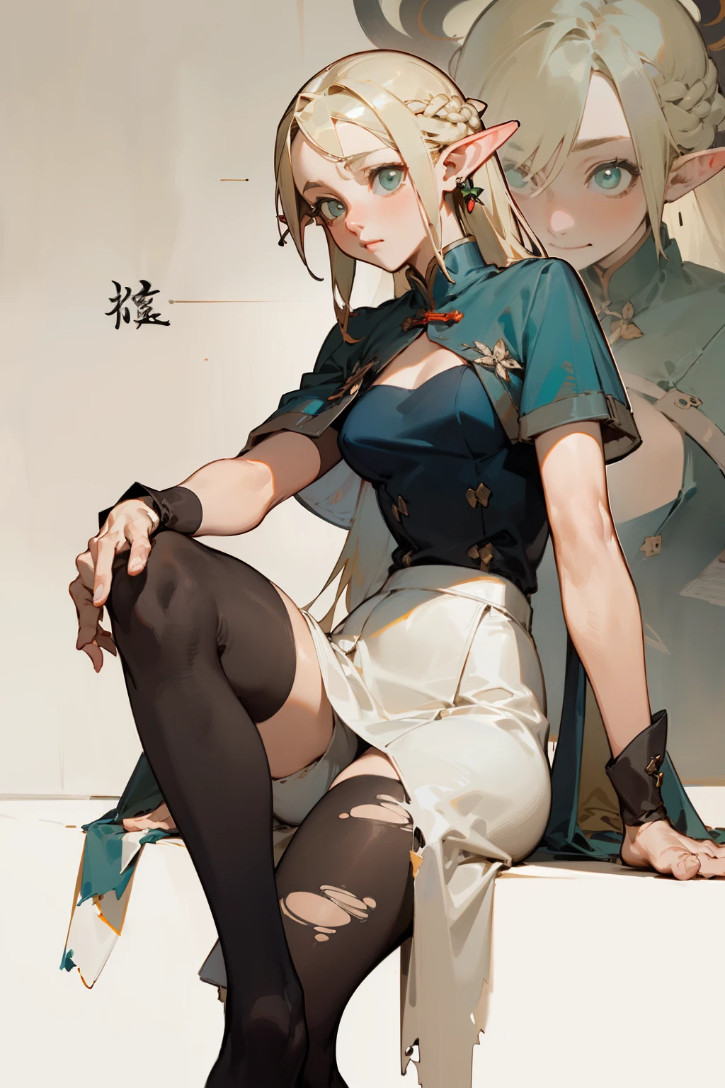 (masterpiece, best quality) detailed, Wearing black tights, silver accessories ,  Blonde ,elegant, pointed ears ，Chinese element pattern，thigh，漏出thigh，White long skirt，torn clothes，Alphonse Mucha