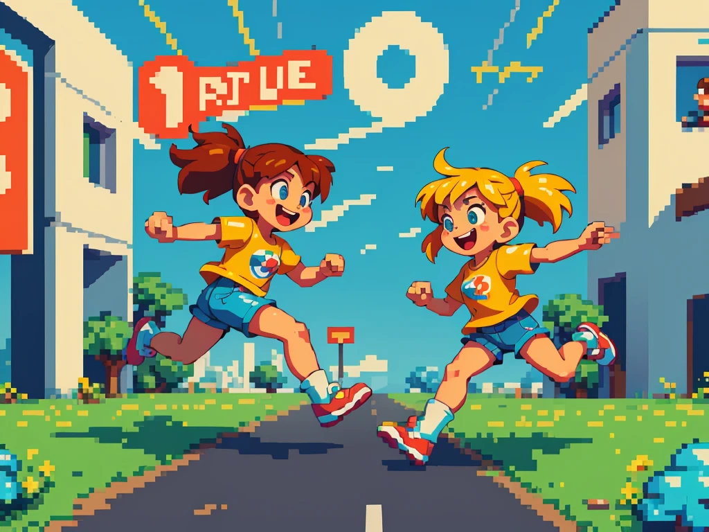 (best quality,4k,8k,highres,masterpiece:1.2),pixel art,girl jumping and running,colorful,retro style,dynamic movement,playful,energetic,smooth animation,expressive facial features,pixilated environment,80s video game style,vibrant colors,overlapping layers,cheerful mood,bouncing motion,jumping platform,excitement,action-packed,fast-paced,fluid animations,cute character design,playful background music,nostalgic aesthetics,memorable gaming experience,classic arcade game vibes,catchy sound effects,high score challenge,addictive gameplay,immersive pixelated world,adrenaline rush,satisfying jumps and landings,endless runner game mechanics,animated sprites,running speed increasing gradually,running through colorful obstacles,spritesheet animations,looping background,attention to detail,limited color palette,handcrafted artwork,retro gaming inspiration,retro pixel graphics,authentic pixel art style,artistic pixel placement,retro gaming enthusiasts,engaging visual style,effortlessly smooth transitions