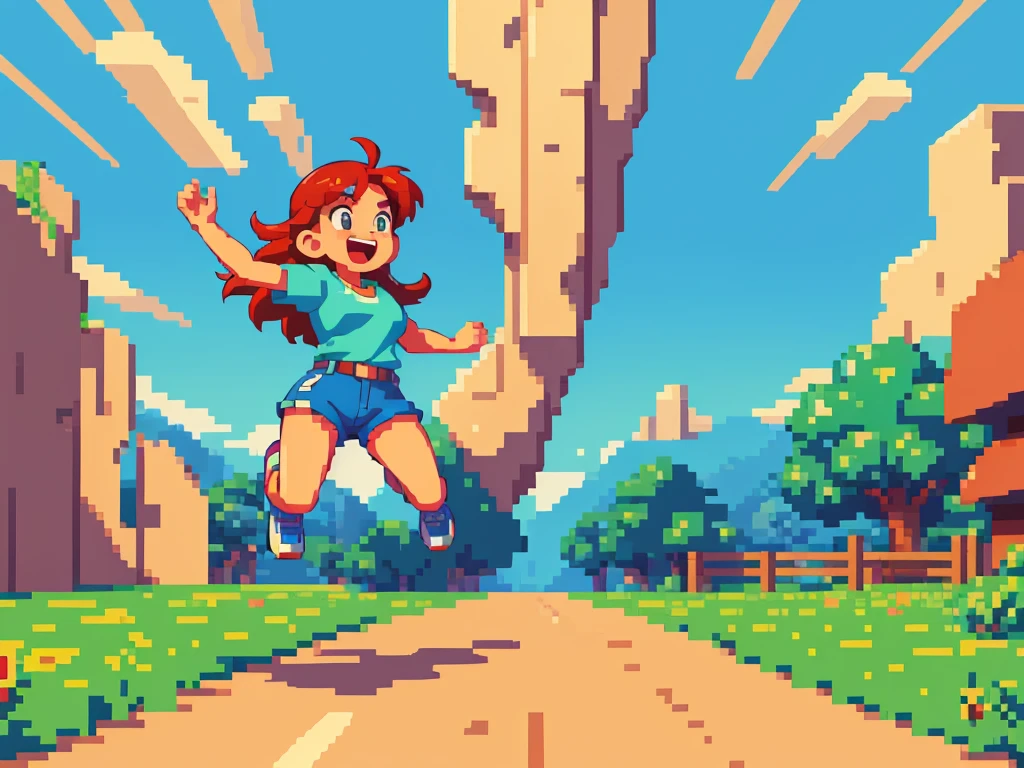 (best quality,4k,8k,highres,masterpiece:1.2),pixel art,girl jumping and running,colorful,retro style,dynamic movement,playful,energetic,smooth animation,expressive facial features,pixilated environment,80s video game style,vibrant colors,overlapping layers,cheerful mood,bouncing motion,jumping platform,excitement,action-packed,fast-paced,fluid animations,cute character design,playful background music,nostalgic aesthetics,memorable gaming experience,classic arcade game vibes,catchy sound effects,high score challenge,addictive gameplay,immersive pixelated world,adrenaline rush,satisfying jumps and landings,endless runner game mechanics,animated sprites,running speed increasing gradually,running through colorful obstacles,spritesheet animations,looping background,attention to detail,limited color palette,handcrafted artwork,retro gaming inspiration,retro pixel graphics,authentic pixel art style,artistic pixel placement,retro gaming enthusiasts,engaging visual style,effortlessly smooth transitions