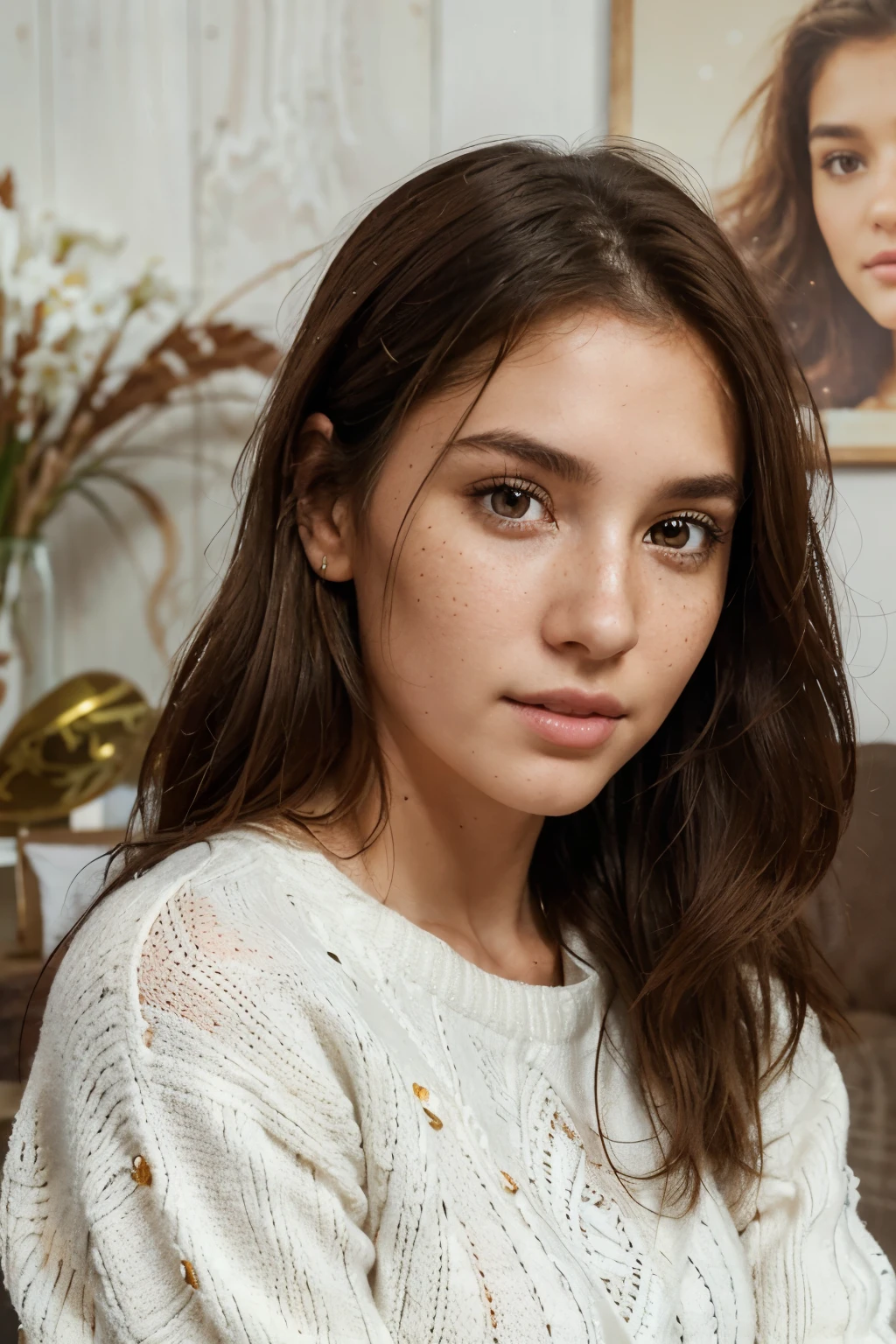 (beautiful woman in her 20s) very beautiful, perfect face, (brown hair) (brown eyes) (white skin) Beautiful body, western face, full body, Western Beauty, thin nose, shy girl. beautiful, perfect, ((best quality)), ((ultra resolution)), ((photorealistic: 1.4)), (intricate details), perfect face, freckles on face, facial details, ((white sweater)) ( location: living room, wooden wall)