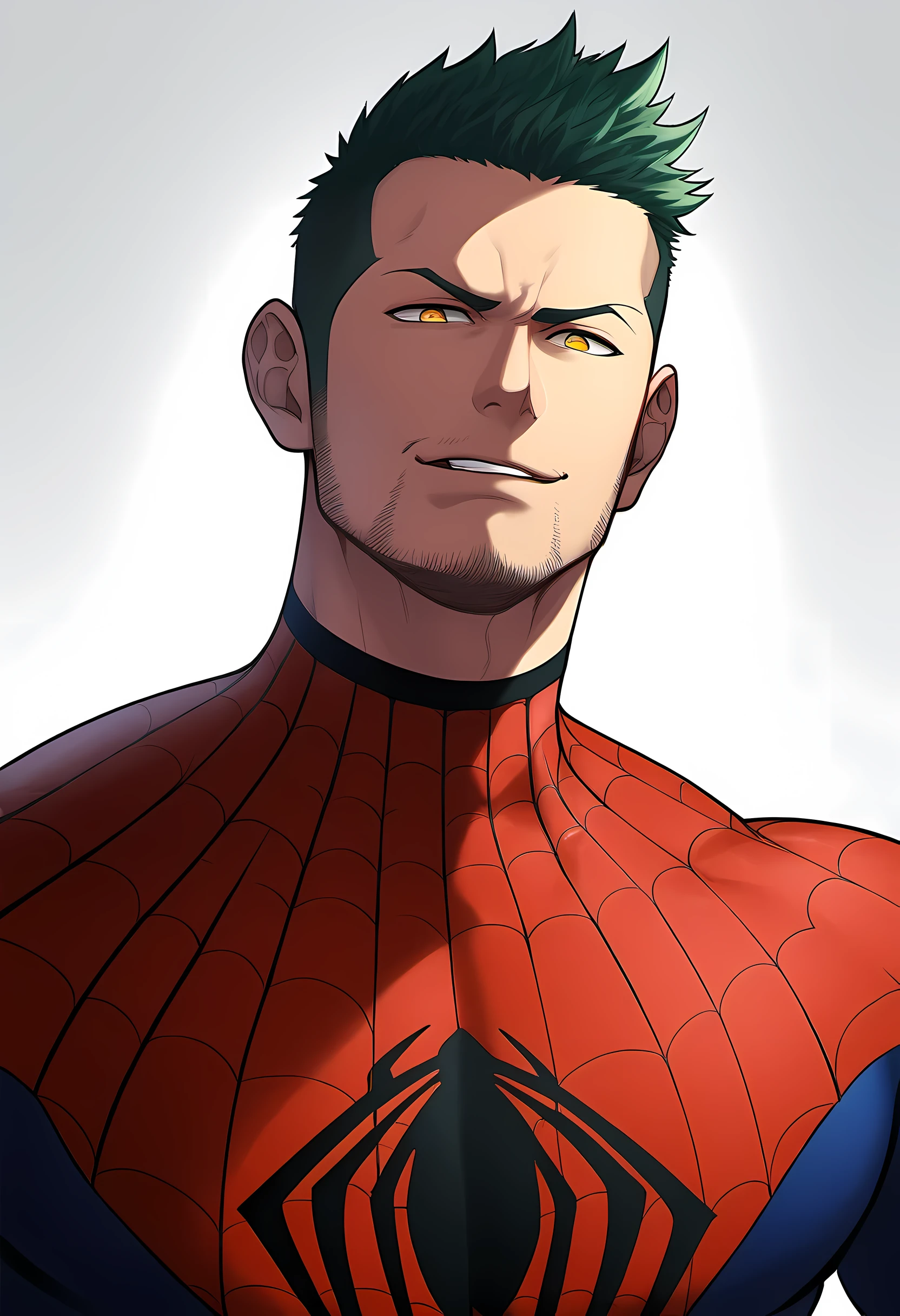 anime characters:Priapus in Spider-Man tights, black sports headband, 1个年轻的muscular man, male focus, buzz clip, black spiderman pantyhose, Spider-Man logo, muscular man, extra large breasts, only, Upper body, alone, short yellow hair, stubble, yellow eyes, White background, Simple background, amazing quality, best aesthetics, ridiculous, bright pupils, short hair, naughty face, torogao, open lips, best quality