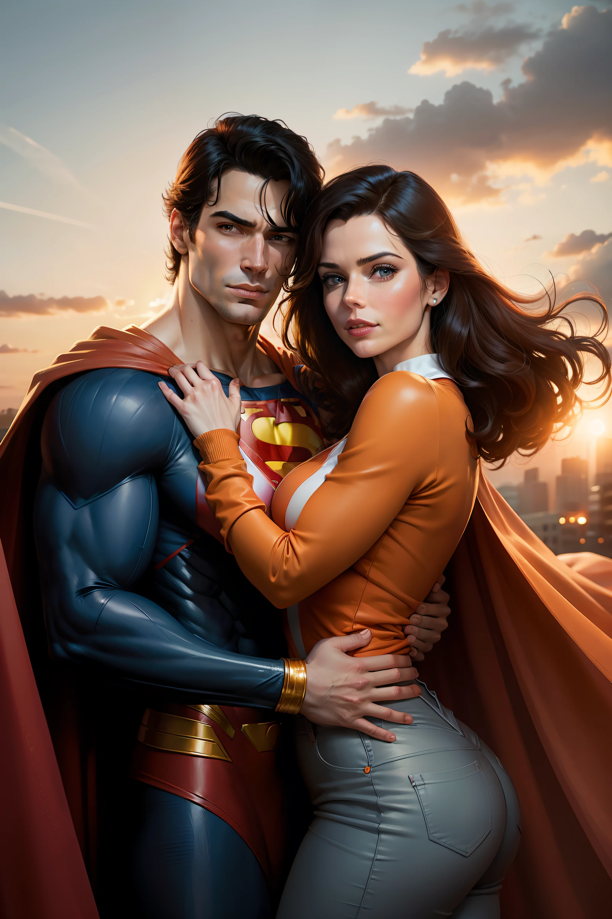 Strong Superman holding his girlfriend Lois Lane in his arms, Lois Lane is wearing a orange dress, Superman is protecting her, DC Comics, Dan Jurgens, beautiful hair, cape, windy