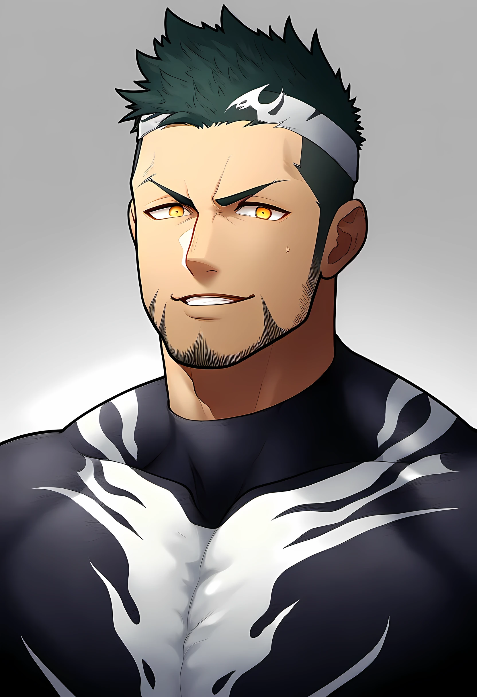 anime characters:Priapus in Venom Tights, black sports headband, 1个年轻的muscular man, male focus, buzz clip, White Venom Skinny Suit, matte texture, venom logo, muscular man, extra large breasts, only, Upper body, alone, short yellow hair, stubble, yellow eyes, blink, White background, Simple background, amazing quality, best aesthetics, ridiculous, bright pupils, short hair, naughty face, torogao, open lips, best quality