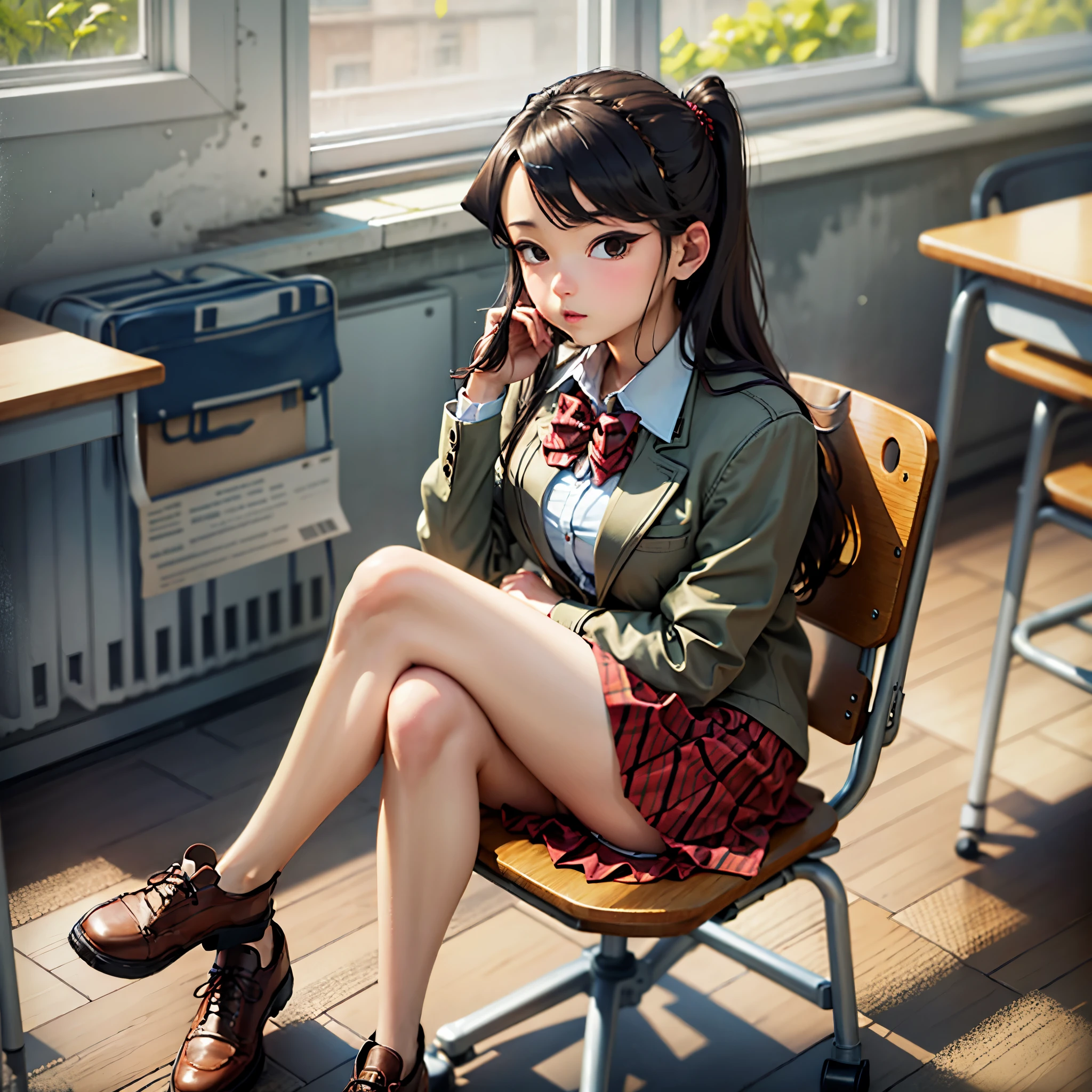 komiShouko, masterpiece, best quality, absurdres, 1girl, looking at viewer, v arms, pantyhose, classroom, school uniform, red skirt, red bow, blazer, window, sitting, chair, crowd,crossing legs,medium thighs.