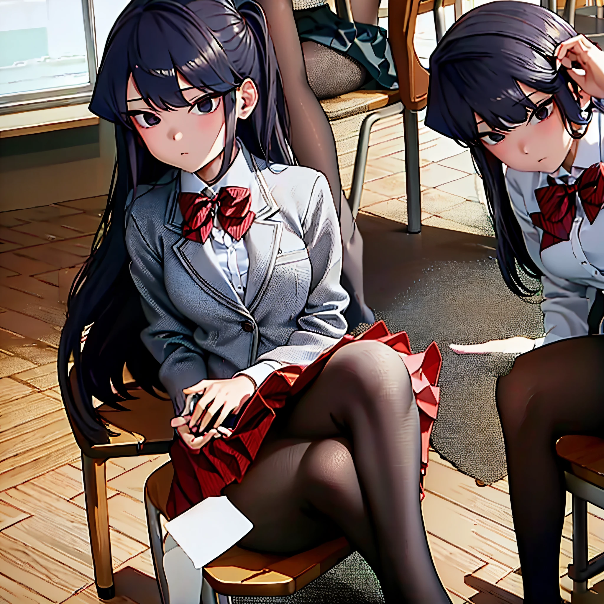 komiShouko, masterpiece, best quality, absurdres, 1girl, looking at viewer, v arms, pantyhose, classroom, school uniform, red skirt, red bow, blazer, window, sitting, chair, crowd,crossing legs,medium thighs.
