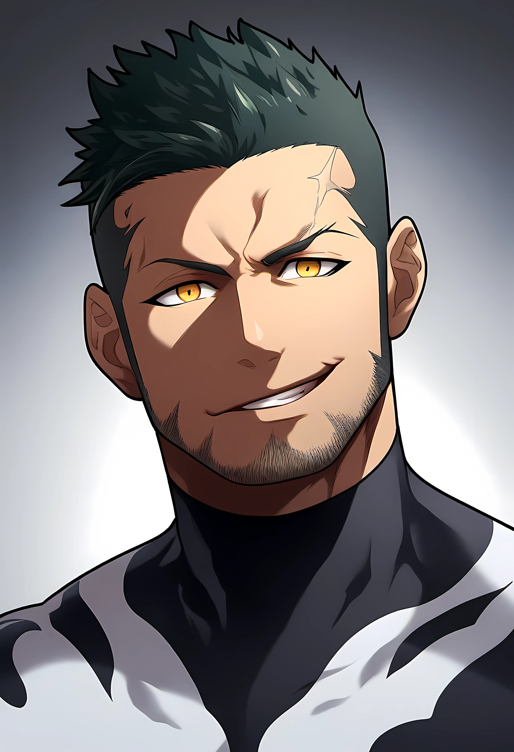 anime characters:Priapus in Venom Tights, black sports headband, 1个年轻的muscular man, male focus, buzz clip, White Venom Skinny Suit, matte texture, venom logo, muscular man, extra large breasts, only, Upper body, alone, short yellow hair, stubble, yellow eyes, blink, White background, Simple background, amazing quality, best aesthetics, ridiculous, bright pupils, short hair, naughty face, torogao, open lips, best quality