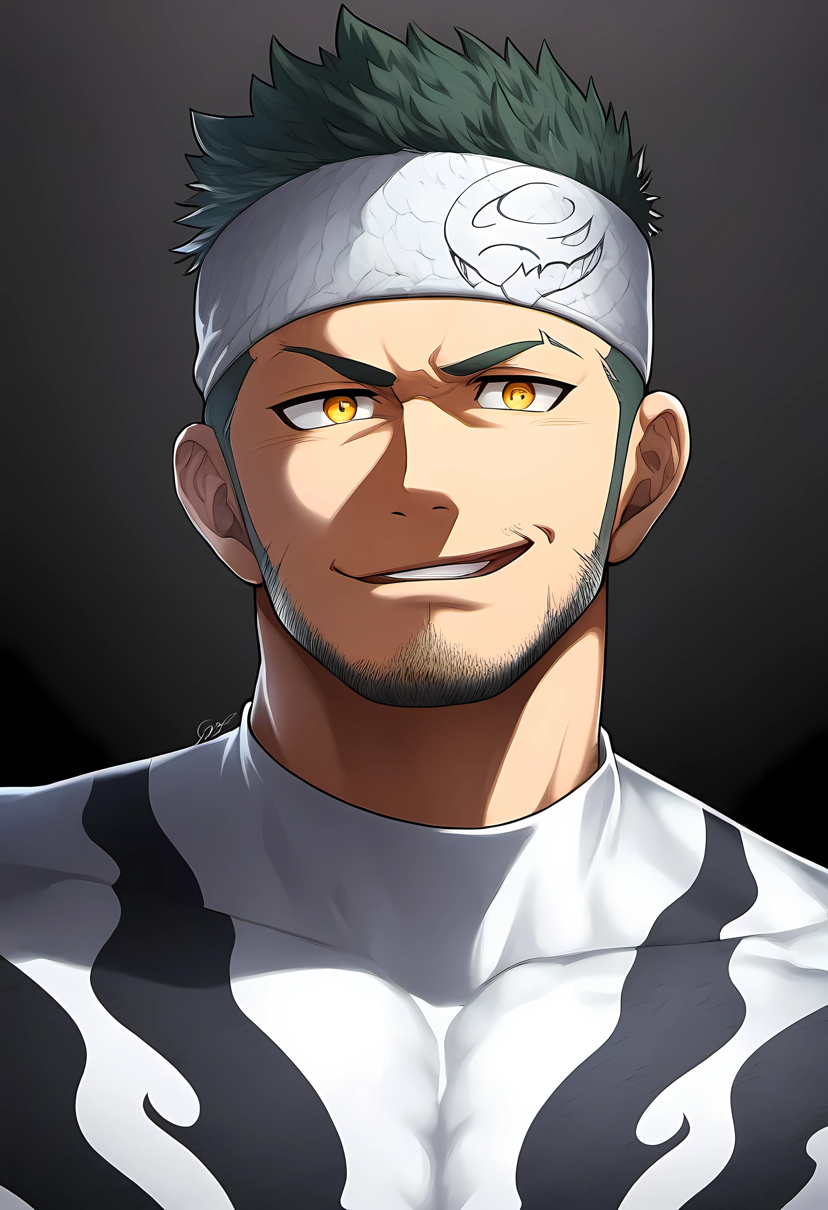 anime characters:Priapus in Venom Tights, black sports headband, 1个年轻的muscular man, male focus, buzz clip, White Venom Skinny Suit, matte texture, venom logo, muscular man, extra large breasts, only, Upper body, alone, short yellow hair, stubble, yellow eyes, blink, White background, Simple background, amazing quality, best aesthetics, ridiculous, bright pupils, short hair, naughty face, torogao, open lips, best quality