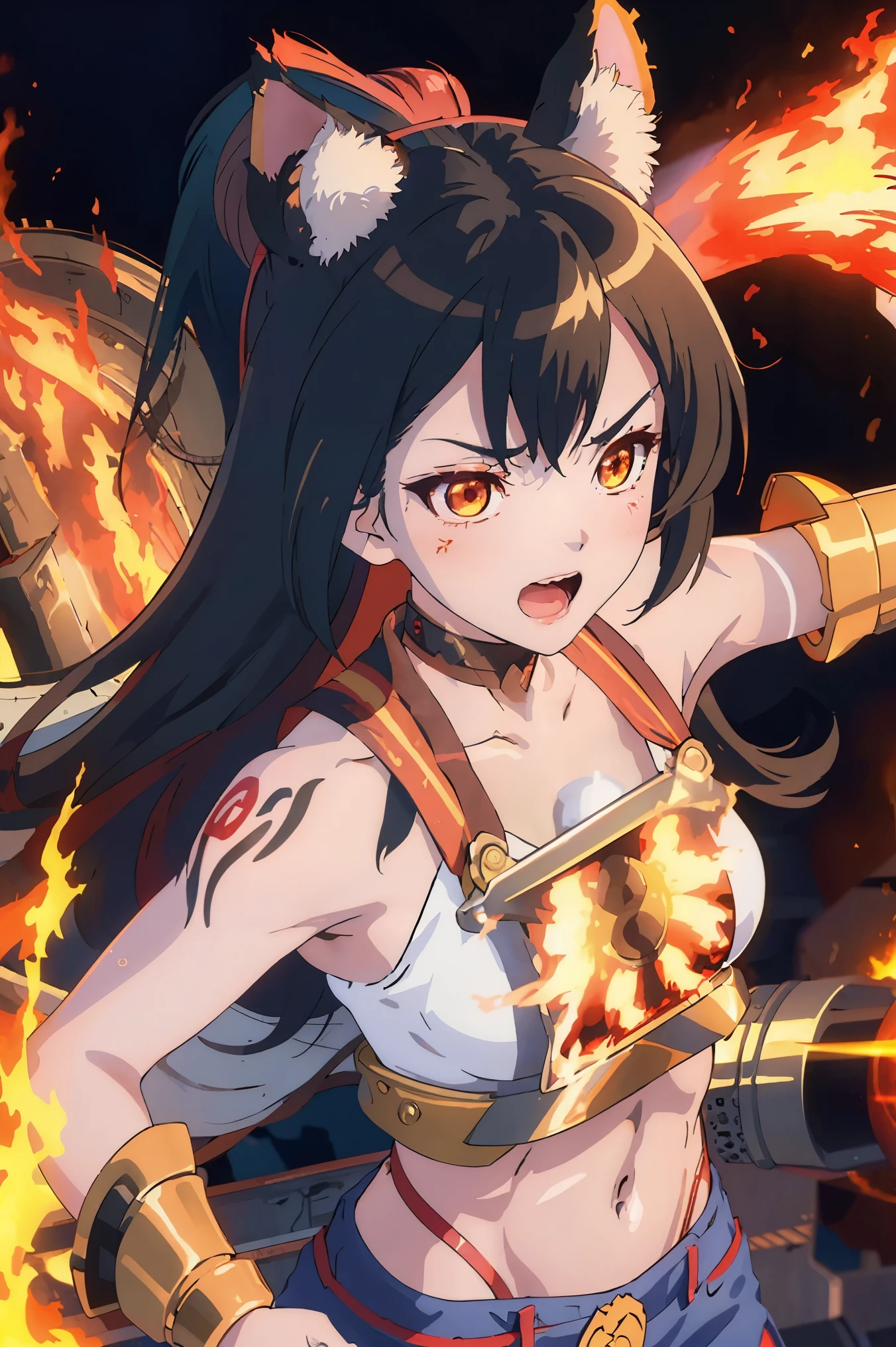 [(Colorful Aurora theme:1.3):(Colorful flame theme):0.26],[(周围漂浮着许多破碎of彩色玻璃:1.5)::0.7], (detail light),(extremely delicate and beautiful),Volume light,最好of影子,flash,depth of field,(Dynamic posing),[NSFW:0.8],oily skin, (Cat ear:1.3),(Cowboy shooting and flames:1.2),(Ifrit:1.3),(灼烧of手),(Burn hair:1.2),(发光of_Tattoo all_Exceed_Body:1.3),(独自of),(Flame thorns entangled),(burning red Breastplate:1.4),[red bikini|Breastplate],(split, medium breasts:1.2),(of, anger:1.3), (long black hair, straight hair),[(Colorful Aurora_Cloak)::0.2]

