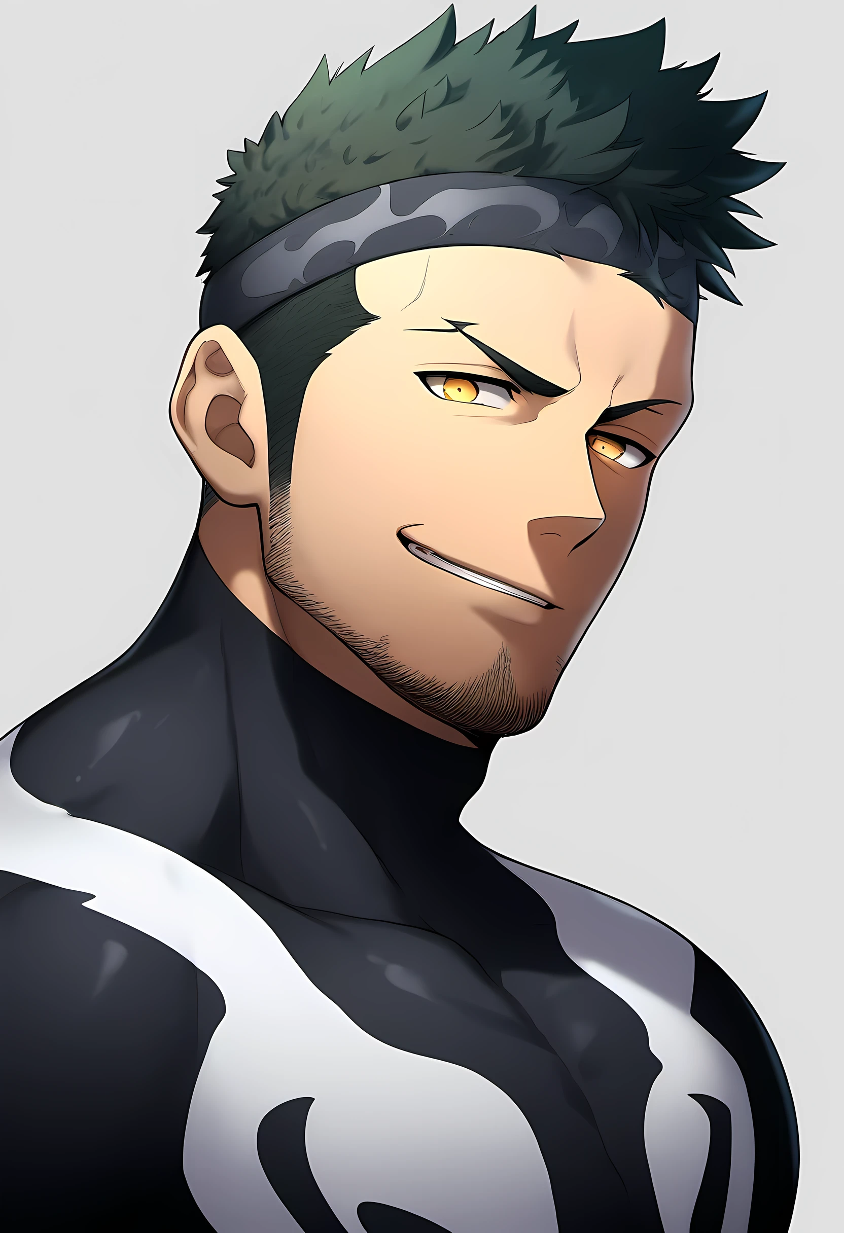 anime characters:Priapus in Venom Tights, black sports headband, 1个年轻的muscular man, male focus, buzz clip, White Venom Skinny Suit, matte texture, venom logo, muscular man, extra large breasts, only, Upper body, alone, short yellow hair, stubble, yellow eyes, blink, White background, Simple background, amazing quality, best aesthetics, ridiculous, bright pupils, short hair, naughty face, torogao, open lips, best quality