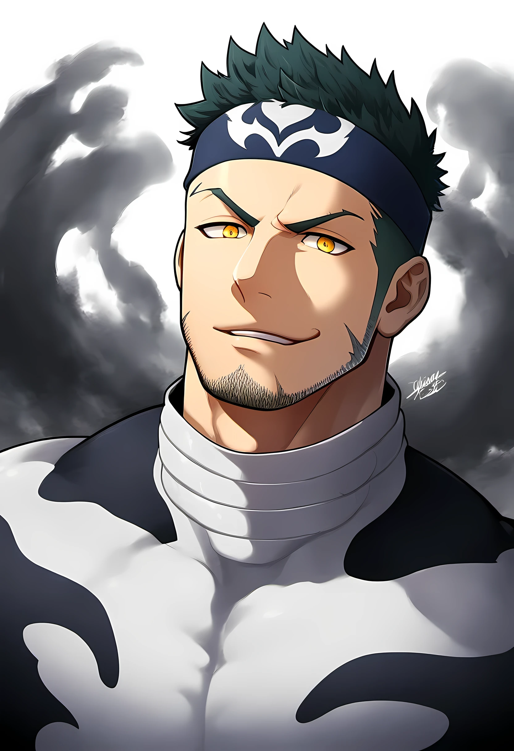 anime characters：Priapus in Venom Tights, black sports headband, 1个年轻的muscular man, male focus, buzz clip, White Venom Skinny Suit, matte texture, venom logo, muscular man, extra large breasts, only, Upper body, alone, short yellow hair, stubble, yellow eyes, blink, White background, Simple background, amazing quality, best aesthetics, ridiculous, bright pupils, short hair, naughty face, torogao, open lips, best quality