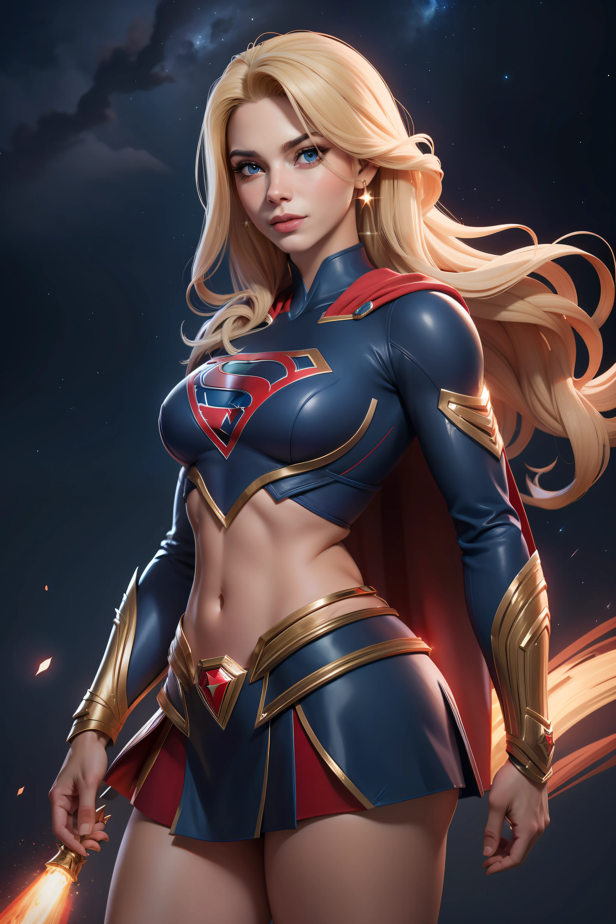 ((Melhor Qualidade)), ((Obra-Prima)), ((Realista)) e desenho de mulher supergirl (corpo inteiro) Ela tem ((cabelo estrelado)), usa um (saia vermelha ) , ((handsome and aesthetic)), abdominais corporais musculosos, sexy, quente, (Sky background full of stars) (fundo claro: 1.35), (particuls, vagalume, brilho azul):1.3, saia vermelha, capa vermelha ao vento, heroic pose, poder, expression of victory