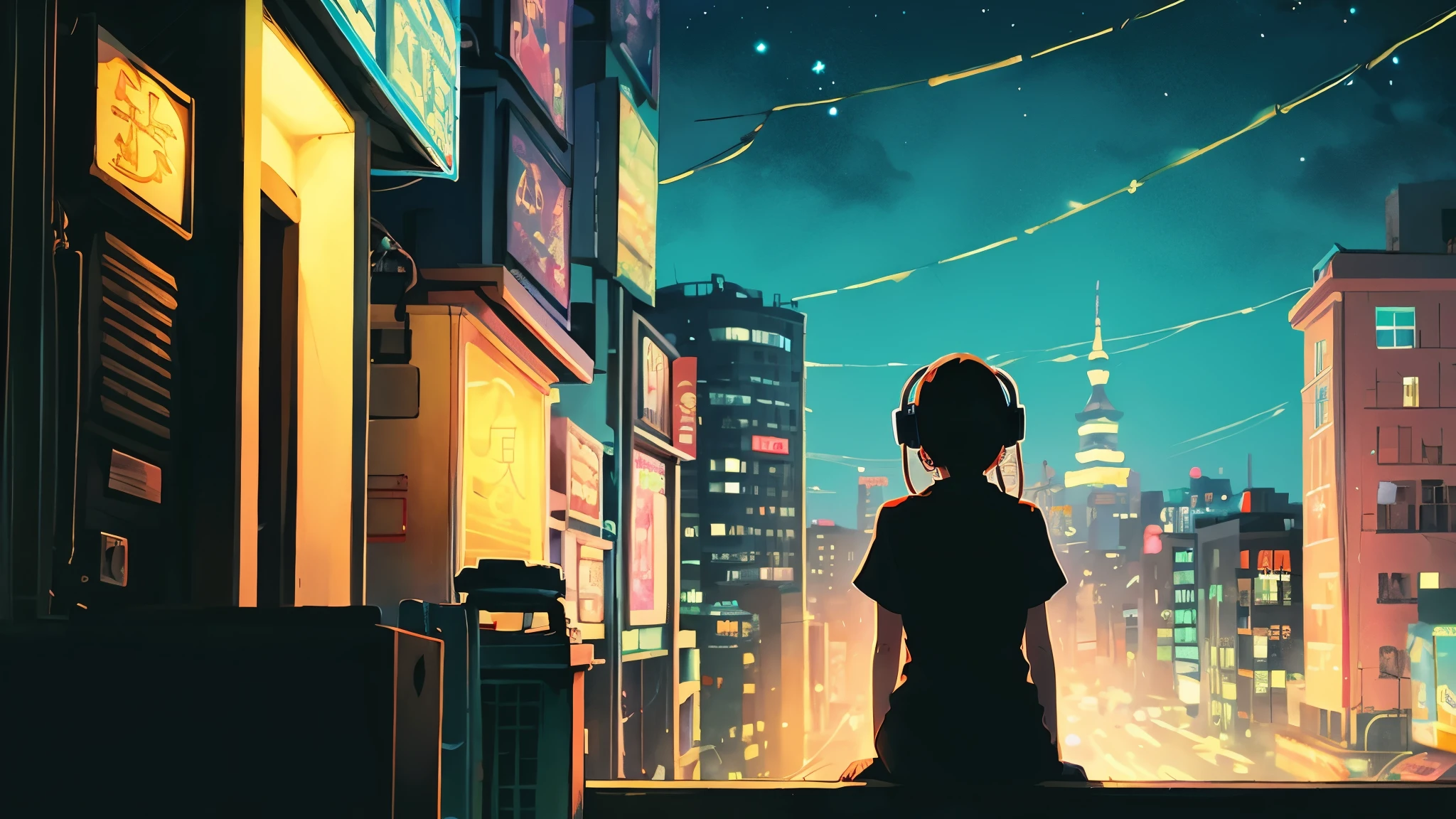 Late night rooftop、Xin Haicheng、Ghibli Anime Style、anime background、 girl with headphones、Cat、profile、anime scenery、anime movie background