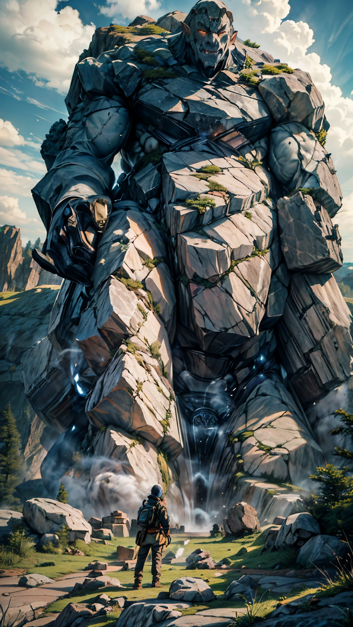 (good structure),high dynamic range,ultra high definition,8kRock Giant, Giant clan, 1boy, (a body made of rock:1.5), cloud, debris, beard, mountain, muscle, eyes closed, smoke, sleeping, leaning on rock, reality, rock, ruins, teeth, waterfall,