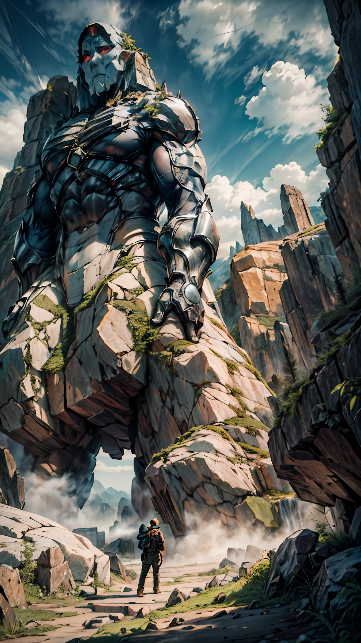 (good structure),high dynamic range,ultra high definition,8kRock Giant, Giant clan, 1boy, (a body made of rock:1.5), cloud, debris, beard, mountain, muscle, eyes closed, smoke, sleeping, leaning on rock, reality, rock, ruins, teeth, waterfall,