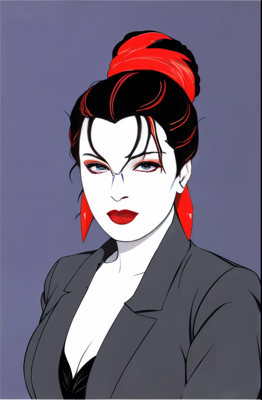 (Masterpiece art:1.1), (最high quality), Woman with strapless dress and lipstick, gray background, Art style by Patrick Nagel, beautiful, highly detailed painting, (highly detailed slopes), (detailed face), (fine eyes:1.1), (perfect breast photography, professional photography, official art, synthwave,  8K, hard disk, high quality,  award-winning, ponytail,