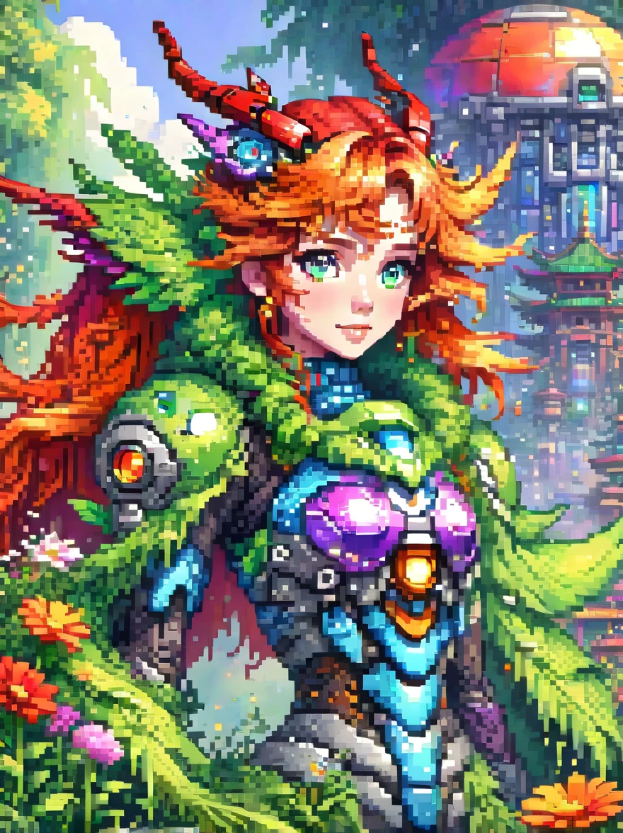 (pixel art:1.5)，(Picture of a mecha fairy resting in a rainbow-colored flower meadow)，whole body，Exquisite and beautiful（Super fine、masterpiece、best quality：1.4）Female Mecha Fairy，dynamic angle（Thinnest、masterpiece、best quality）、Best detailed face（most detailed，masterpiece，best quality：1.5），ultra-feminine（most detailed，masterpiece，best quality），Dragon Wings，Red hair，long hair，braid，Dynamic eye color，（Wearing a mecha：1.4），Rest in（Rainbow colored flower meadow：1.6），Full Color，（perfect spectrum：1.3），（Vibrant work：1.4）vibrant red，orange color，，green，blue，indigo，purple daylight，Sun rise，high detail，fantasy art, RPG 艺术best quality, 16k, [Super detailed], masterpiece, best quality, whole body, ultra wide angle lens, Realism, Mecha girl, anatomically correct, textured skin, high detail, 8k