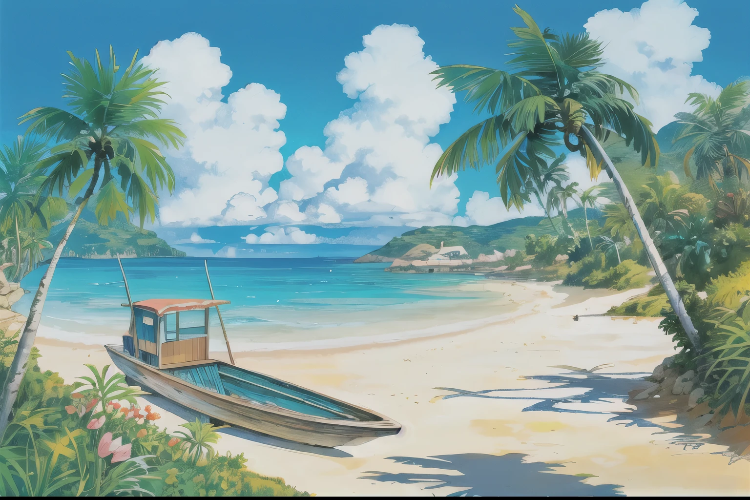 (((highest quality))), high color saturation, clear, reasonable structure, cartoon style, architecture, beach, boat, hut, Palm tree, sand, Ocean, Oceangull, null, sunny day, fantasy, no_human, outdoor, landscape, genuine, beautiful and amazing landscape oil painting Ghibli Studio Miyazaki’s tropical island with blue Ocean and null, tropical island, coconut --v6