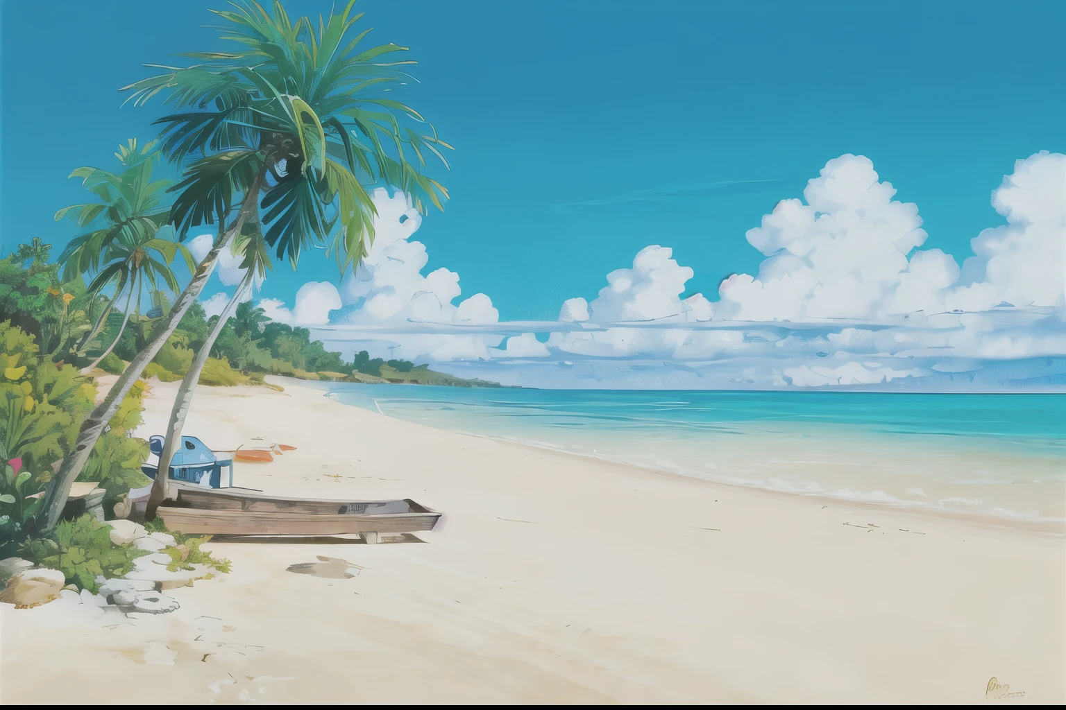 (((highest quality))), high color saturation, clear, reasonable structure, cartoon style, architecture, beach, boat, hut, Palm tree, sand, Ocean, Oceangull, null, sunny day, fantasy, no_human, outdoor, landscape, genuine, beautiful and amazing landscape oil painting Ghibli Studio Miyazaki’s tropical island with blue Ocean and null, tropical island, coconut --v6