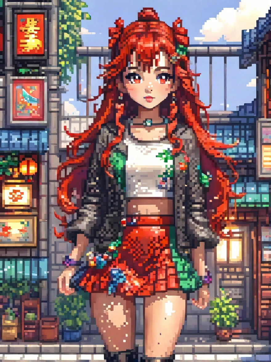 (pixel art:1.5)，View from below，(((full body portrait)))，cute的妖精女孩，a girl，(((slightly smaller body))), ((拥有极其cute且美丽的编织发型的动漫妖精)), latex micro bikini，(((a flat chest))), ((((black hair:1.35, red inner hair，ear breathing)))),(((red eyes:1.3))), complex的眼睛，Beautiful detailed eyes，symmetrical eyes，big eyes:1.5, (((smooth skin:1.5, Bright skin:1.5, Sunburn the skin, shiny skin, 非常shiny skin, shiny body, 塑料shiny skin, 夸张shiny skin, illuminated skin))), (detailed body，Delicate arms，(Detailed face)), cute，debauchery，Bold，revealing clothing，show your skin，(collar，wrist cuffs),((complex服装，complex衣服))), (dynamic poses:1.0)，embarrassing，(Shiny winter accessories)，high resolution，clear focus，(super detailed，Very detailed)，(realistic art work:1.8)，(Very detailed的CG统一8k壁纸),(((bright colors，vivid theme))), (complex), (masterpiece), (highest quality)，View from below。