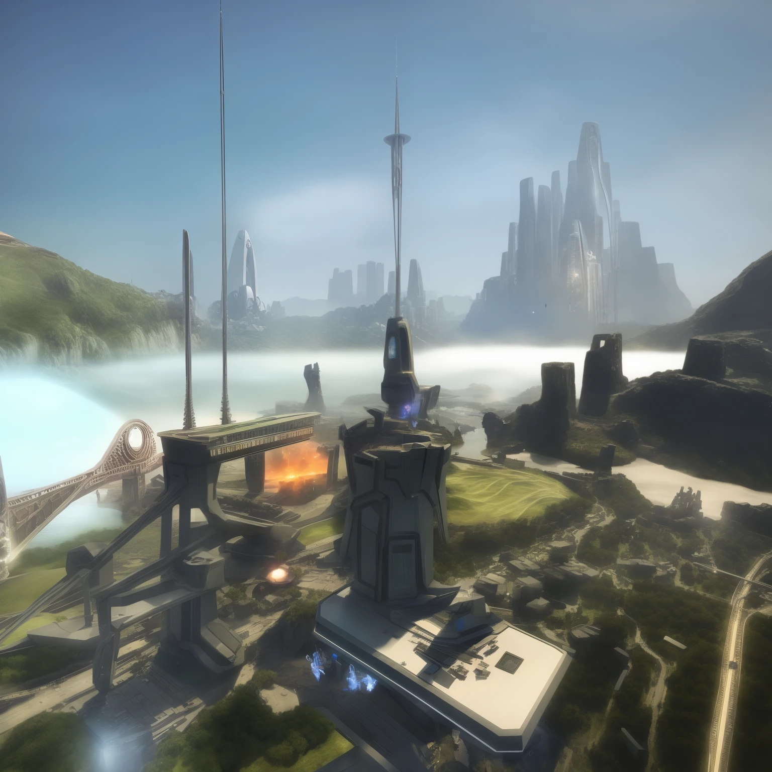 arafed city with a bridge and a tower in a sci - fi environment, satisfactory screenshot, futuristic outpost building, high quality screenshot, futuristic base, research outpost, unity screenshot, research station, 3 d render of a scifi spaceport, beautiful screenshot, video game screenshot>, mining outpost, futuristic setting, futuristic space port, stunning screenshot, scifi setting