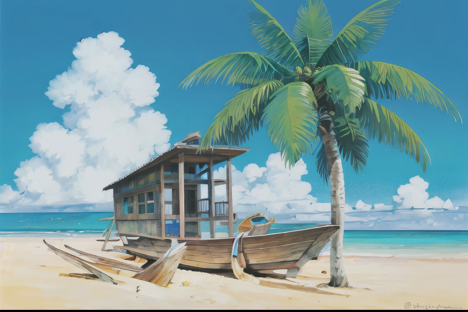 (((highest quality))), high color saturation, clear, reasonable structure, cartoon style, architecture, beach, boat, hut, Palm tree, sand, Ocean, Oceangull, null, sunny day, fantasy, no_human, outdoor, landscape, genuine, beautiful and amazing landscape oil painting Ghibli Studio Miyazaki’s tropical island with blue Ocean and null, tropical island, coconut --v6