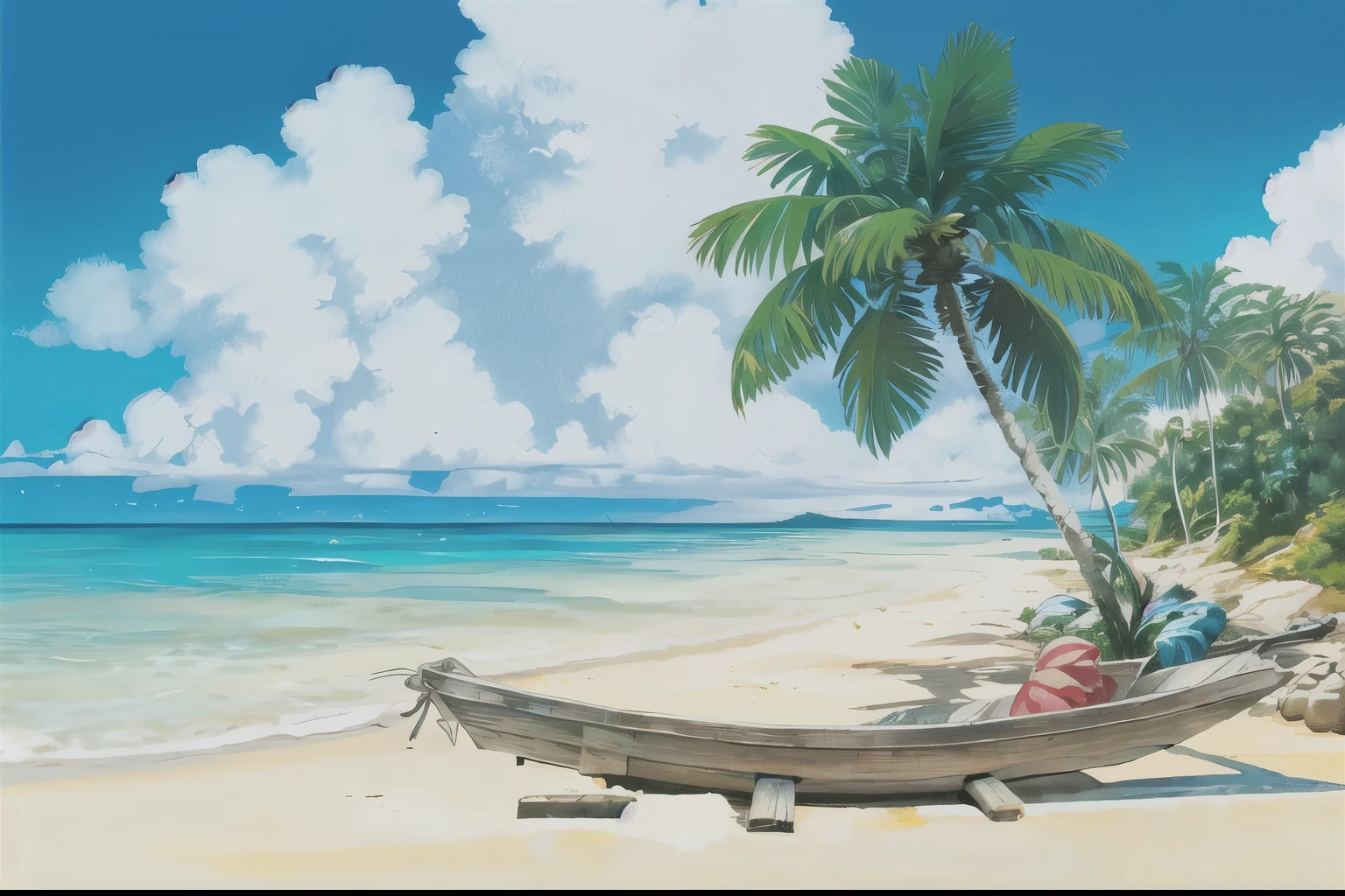 (((highest quality))), high color saturation, clear, reasonable structure, cartoon style, architecture, beach, boat, hut, Palm tree, sand, Ocean, Oceangull, null, sunny day, fantasy, no_human, outdoor, landscape, genuine, beautiful and amazing landscape oil painting Ghibli Studio Miyazaki’s tropical island with blue Ocean and null, tropical island, coconut --v6