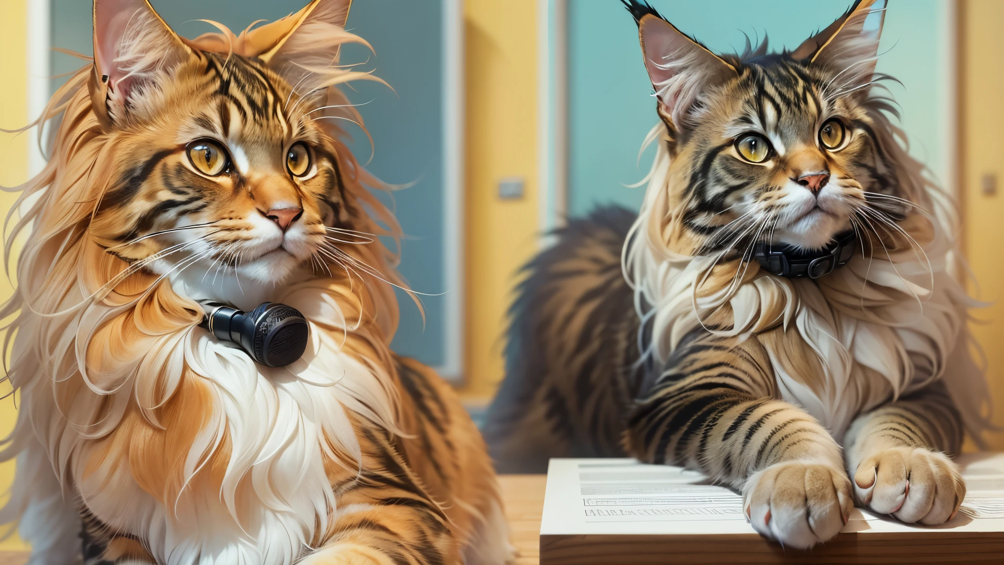 In a scene that charmingly blurs the line between fantasy and reality, a Maine Coon cat sits semi-upright in front of a studio desk, engaged in what appears to be a live broadcast. This impressive feline, known for its large stature and luxurious fur, wears a headset, adding a professional touch to its already distinguished appearance. In front of the cat, a microphone is set up, suggesting that this extraordinary Maine Coon is not just part of the studio setting but is actively delivering a speech or presentation. The cat's focused gaze and composed posture convey a sense of seriousness and eloquence, creating a whimsical yet captivating image of a feline broadcaster. Behind and to the side of the cat, a television set provides context to the scene, reinforcing the idea that this Maine Coon is the star of its own show, eloquently addressing an unseen audience in a live stream. The entire setup, with the cat's natural elegance and the studio equipment, comes together to create a delightful and amusing portrayal of a Maine Coon as a charismatic and articulate speaker.