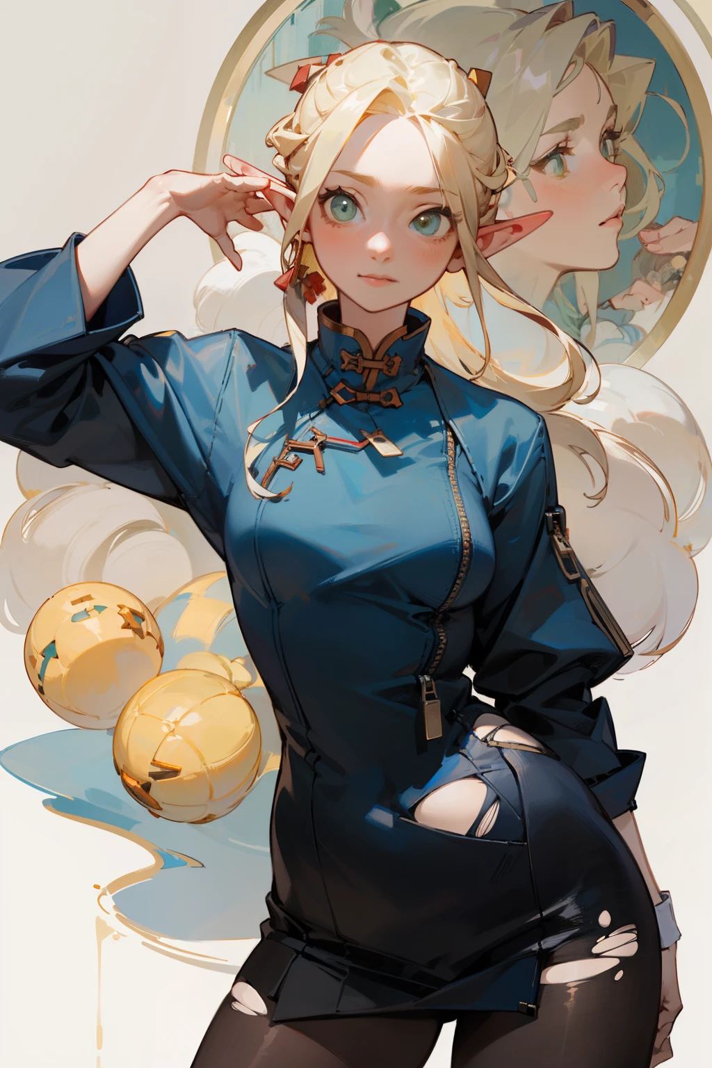 (masterpiece, best quality) detailed, Wearing black tights, silver accessories , zipper unzipped , Blonde ,elegant, pointed ears ，Chinese element pattern，thigh，漏出thigh，（（White cheongsam））torn clothes，Alphonse Mucha