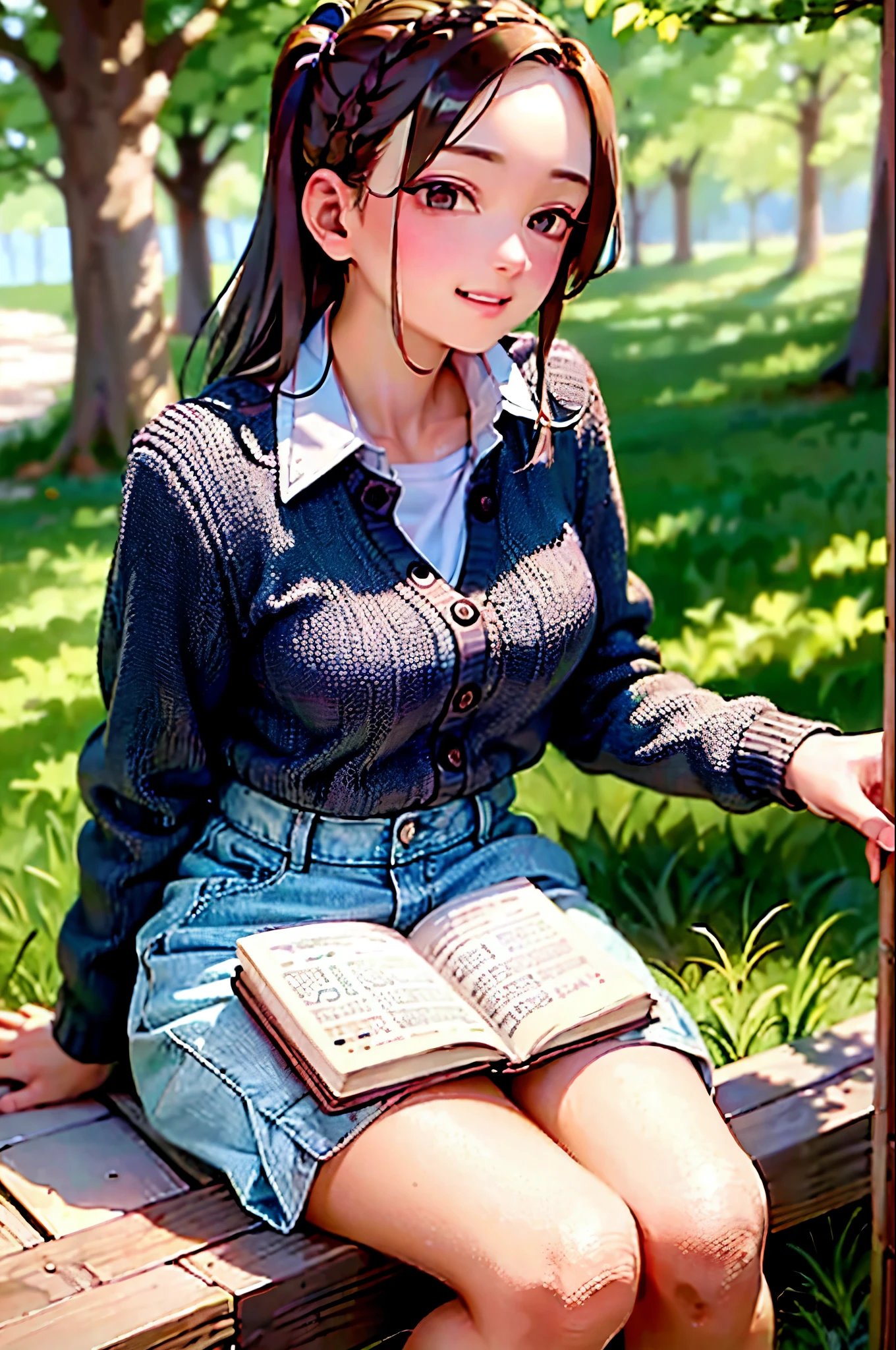 best quality, masterpiece, nice hands, perfect hands,komi, smile,medium  breasts, black Cardigan, sitting under a tree, reading a book, detailed skin texture, (blush:0.5), (goosebumps:0.5), subsurface scattering,sit cross leg,medium thighs