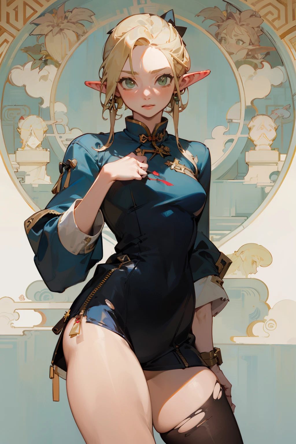 (masterpiece, best quality) detailed, Wearing black tights, silver accessories , zipper unzipped , Blonde ,elegant, pointed ears ，Chinese element pattern，thigh，漏出thigh，（（white cheongsam））torn clothes，Alphonse Mucha