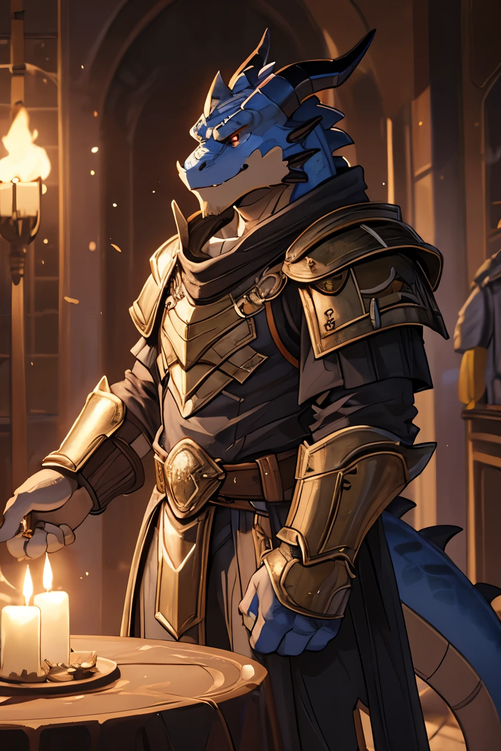 1boy, ((dragonborn)), blue scales, red eyes, ((gold armor)), ((full armor)), strong, brave, chubby, (detailed face), full body