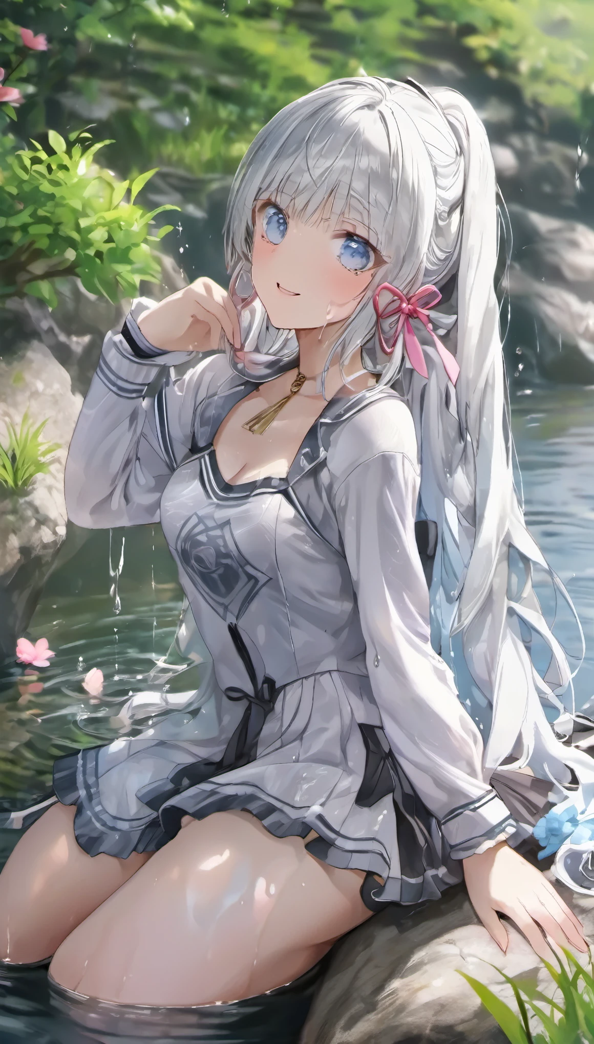 ayaka, Wet, soaking, (Best quality,4K,8K,A high resolution,tmasterpiece:1.2),ultra - detailed,(actual,realistically,realistically:1.37), White hair, huge booolossal title blue eyes, White lace nightdress，in pink，dampness，Sitting on a rock by the lake，facing at the camera， water dripping, glistning skin，Covered in sweat，There is an unknown  on the body，Happy smile, legs slightly open, moderate breast, school uniform 