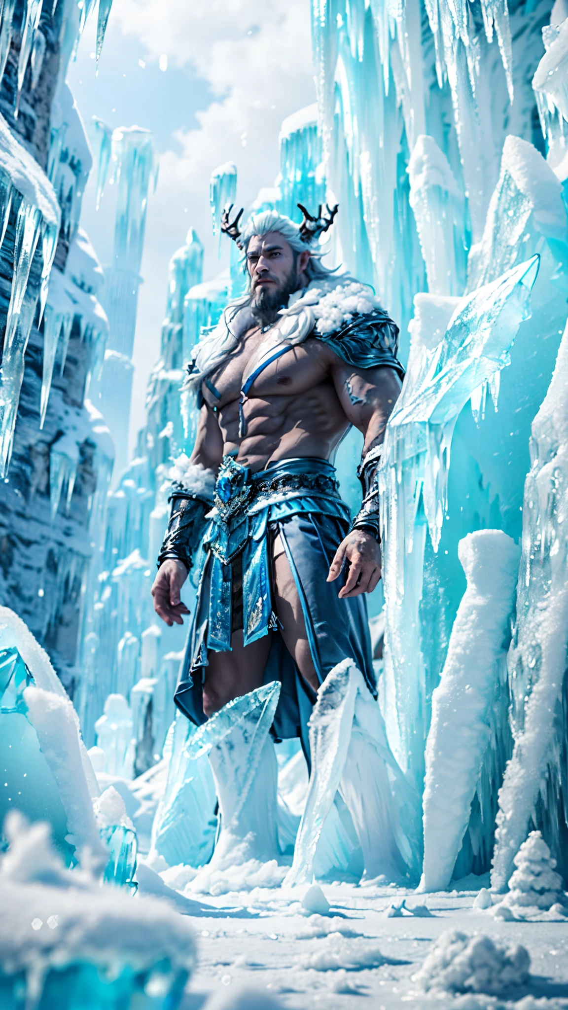 (good structure),high dynamic range,ultra high definition,8k,Ice Giant,Giant Clan, beard, cloud, cloudy sky, day, facial hair, ice, male focus, mountain, muscular, muscular male,Half buried in the ground,Covered in ice,Frozen on the body,Shoulder armor,iceberg, outdoors, pectorals, pointy ears, rock, scar, sky, snow, solo, splashing, waterfall, white hair,Incomplete body