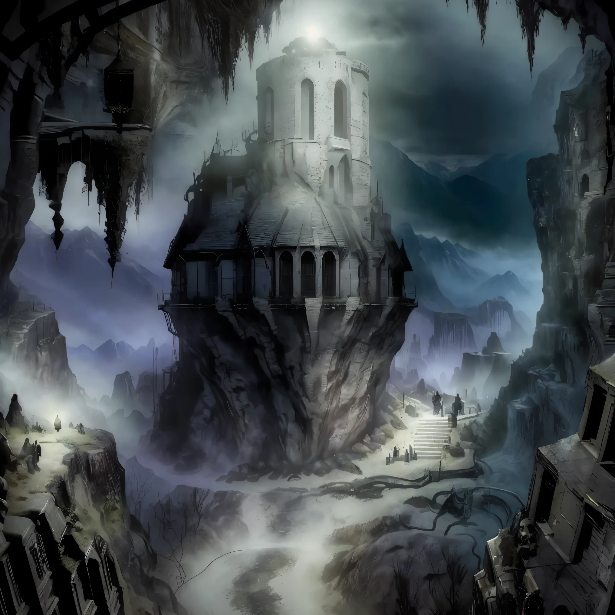 (monster dungeon),lair,(Mine),rock,crystal,(Endless darkness),Towering mountains,The peaks are undulating,View from the edge of the cliff,There is no sky,(Dark),Extremely gloomy,dull,Cold and cold