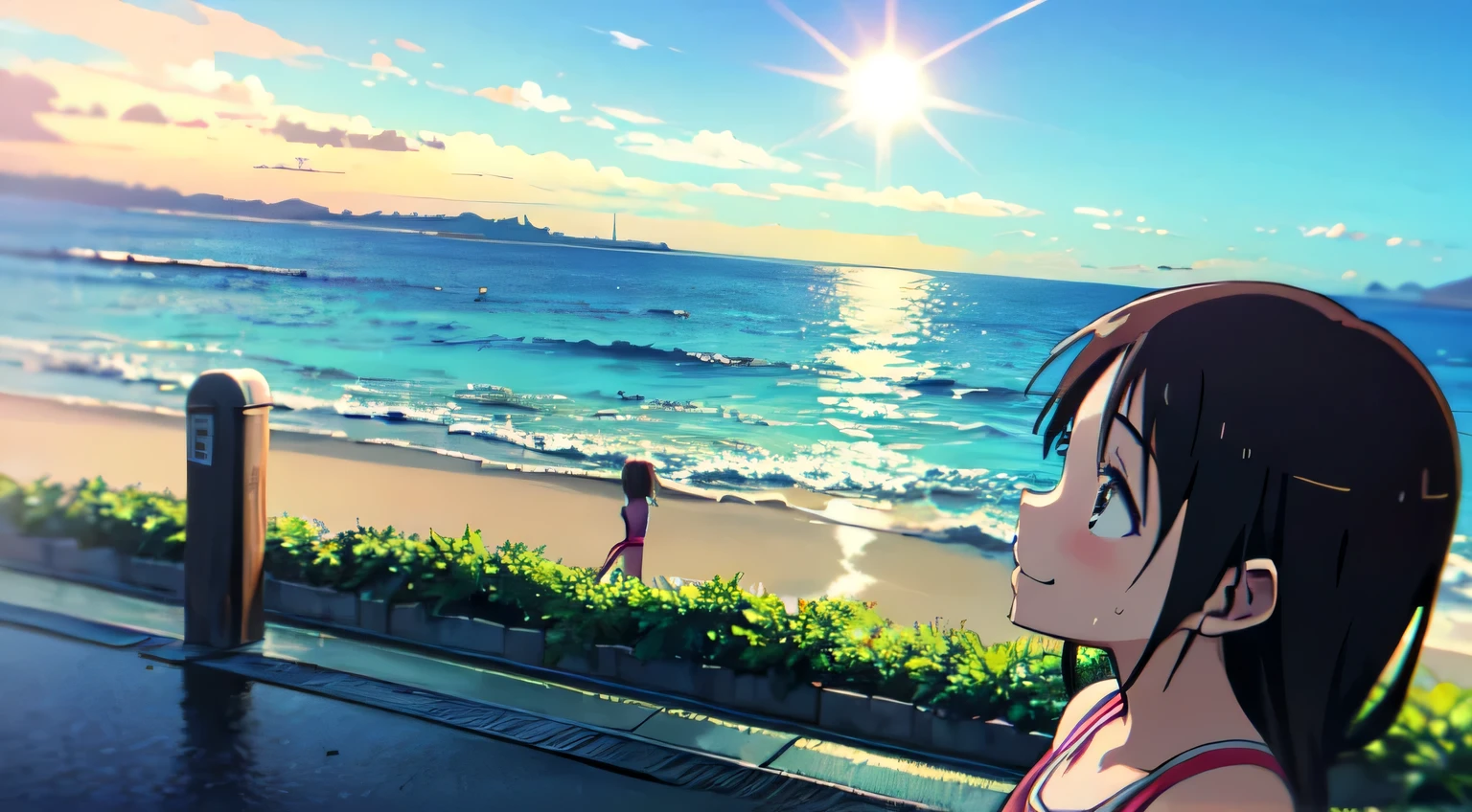 (anime, anime Art Style:1.2) yuyushiki, young girl, 13 years old, drenched in sweat, smile, swimsuit, seaside, sun, (look away:1.5),blue sky,various movements,various angles